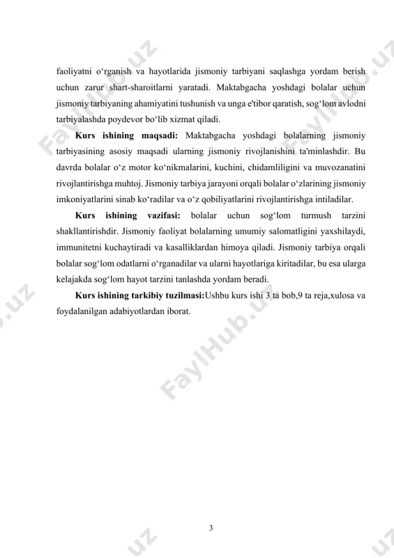 og‘lom hayot tarzini tanlashda yordam beradi. kurs ishining tarkibiy tuzilmasi:ushbu kurs ishi 3 ta bob,9 ta reja,xulosa va foydalanilgan adabiyotlardan iborat. i-bob. maktabgacha yoshdagi bolalarning jismoniy tarbiyasi nazariyasi va ahamiyati. 1.1.jismoniy tarbiyaning maktabgacha yoshdagi bolalar rivojlanishidagi o‘rni. jismoniy tarbiyaning maktabgacha yoshdagi bolalar rivojlanishidagi o‘rni juda muhimdir. ushbu davrda bolalar tez rivojlanadi va ularning jismoniy faoliyati, hissiy va ijtimoiy ko‘nikmalari shakllanadi. jismoniy tarbiya bolalarning sog‘lom o‘sishi va rivojlanishi uchun zaruriy omil bo‘lib, ularning jismoniy salomatligini ta'minlaydi, shuningdek, ruhiy va hissiy holatiga ham ijobiy ta'sir ko‘rsatadi.maktabgacha yoshdagi bolalar harakat qilish, o‘ynash va o‘rganish orqali jismoniy ko‘nikmalarini rivojlantiradilar. jismoniy tarbiya orqali bolalar mushaklarni kuchaytirish, muvozanatni saqlash, tezlik va chaqqonlikni oshirish imkoniyatiga ega bo‘ladilar[footnoteref:2]. bu jarayonda o‘yinlar va harakatli mashg‘ulotlar bolalarning qiziqishini oshiradi, shuningdek, ularning ijtimoiy ko‘nikmalarini ham rivojlantiradi.bundan tashqari, jismoniy tarbiya bolalarning hissiy holatini mustahkamlashga xizmat qiladi. harakatlar va o‘yinlar orqali bolalar o‘z hissiyotlarini ifoda etishni, g‘azab yoki xursandchilik kabi his-tuyg‘ularini boshqarishni o‘rganadilar. …