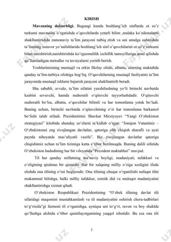 sh hamda o‘zbek tilining lingvistik tabiatiga moye sifatga tasnifini berish; - otning tarkibidagi turli-tuman asos va qo‘shimchalarning morfem tahlilini amalga oshirish - otning semantik-funksional guruhlarini, uslubiy qo‘llanishini sharhlash; - mustaqil ma’noli o‘zgaruvchan so‘zlarning bir-biriga ta’sir doirasini yoritish. kurs ishining obyekti: ona tili ta’lim jarayonida o‘quvchilarga so‘z yasalishi bo‘yicha bilim va ko‘nikmalarni shakllantirish jarayoni. kurs ishining predmeti: o‘rta ta’lim maktablarida ona tili fanidan so‘z yasalishini o‘rgatish metodikasi, ya’ni ta’lim jarayonida qo‘llaniladigan usul, shakl va vositalar. kurs ishining tuzilishi: kirish, 2 bob, 4 paragraf, xulosa va foydalanilgan adabiyotlar iborat. i bob. boshlang’ich sinf ona tili darslarida so’z tarkibi va yasalishini o’rganish metodikasi 1.1. boshlang’ich sinfda so’zning morfemik tarkibini o’rganishning metodik ahamiyati mustaqillikning dastlabki yillaridanoq ona tili o’qitishga katta ahamiyat berila boshlandi. bunda 1989 yil 21 oktyabrda «o’zbek tiliga davlat tili maqomini berish haqida”gi qaror alohida o’rin tutadi. ta’lim sohasidagi bu o’zgarishlar ona tili o’qitish metodikasida ham bir qator imkoniyatlarni yuzaga keltirdi. bu …