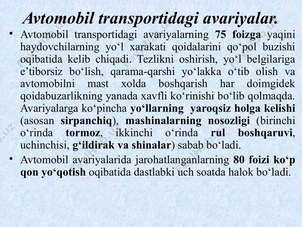 muhofaza vositasidan foydalaning. zaharli xududni tark etish imkoni bo‘lmaganda, eshik-derazalar, shamollatish tuynuklari va dudbo‘ronlarni zichlab yoping. ularda yoriklar bo‘lsa, qog‘oz yoki skotch bilan pishtiring. binolarning erto‘la, yarim erto‘lalari va birinchi qavatlariga berkinmang. temir yo‘llar va avtomagistrallarda akxm bilan bog‘liq avariyalar sodir bo‘lganida xavfli xudud avariya joyidan 200 m radiusida belgilanadi. bu xududga yaqinlashish va kirish qatiyan taqiqlanadi. radiatsiya avariya – bu yadroviy-energetik qurilmalar, uskunalar yoki moslamalardan foydalanish qoidalari buzilishi natijasida aholining nurlanish va atrof muhitning ifloslanishiga olib kelgan radioaktiv mahsulotlar yoki ionlashtiruvchi nurlarning ulardan havfsiz foydalanish bo‘yicha loyihada belgilangan doiralardan chiqishi. bunday avariyalarning asosiy zararlovchi omillari radiatsiyaviy ta’sir va radioaktiv ifloslanish hisoblanadi. avariyalar portlash va yong‘inlar bilan kechishi mumkin. insonga radiatsiyaviy ta’sir turli organlar (asab tizimi, oshqozon-ichak yo‘llari)ning hayotiy funksiyalari buzilishi va ionlashgan nurlanishlar ta’siri ostidagi nurlanish kasalliklarining rivojlanishida namoyon bo‘ladi. radioaktiv ifloslanish alfa-, beta- va gamma-ionlanishdan kelib chiqadi va avariya paytida qayd etish qiyin bo‘lgan elementlar ajralib chiqishi va …