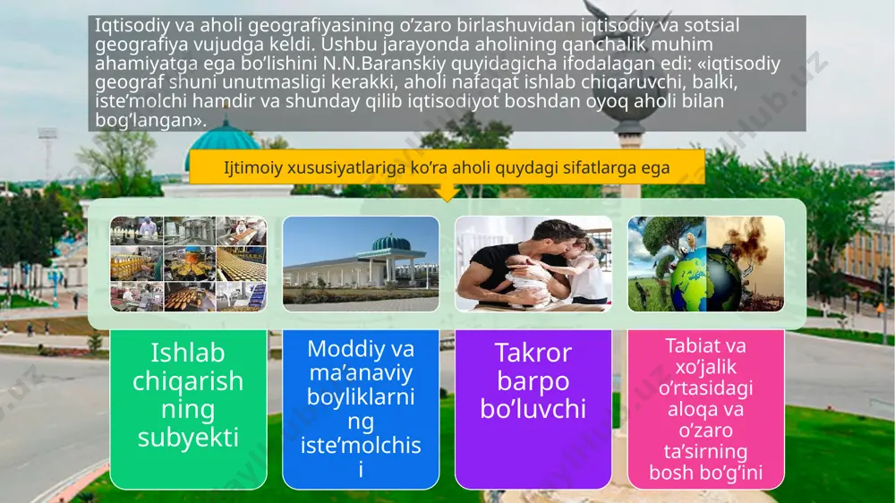 vrda aholi geografiyasi oldida turgan vazifalarning nazariy, amaliy, ta’limiy jihatlarini ajratib ko’rsatish mumkin: umumnazariy vazifalariga:jamiyat rivojlanishining umumiy qonunlari mohiyatini anglashga yordam beruvchi aholining joylashuvi va uning tabiat bilan o’zaro ta’siri, takror barpo bo’lishi qonuniyatlari va jarayonlarini o’rganish; amaliy vazifalariga: ko’pgina amaliy vazifalarni bajarish: aholi sonini xisobga olish; mehnat balanslarini tuzish; aholi migratsiyasini o’rganish va uning kelajak o’zgarishlarini bashorat qilish; ta’limiy jihatlariga: aholi geografiyasi bo’yicha bilimlarni ommalashtirish. ijtimoiy fanlardan quyidagilar aholi geografiyasi bilan aloqador aholi geografiyasi bilan tibbiyot geografiyasi, mehnat iqtisodiyoti, sotsial gigiyena, shaharsozlik va rayon planirovkasi kabi fan tarmoqlari ham to’g’ridan – to’g’ri bog’langan a demografiya: (yunoncha, demos — «xalq») aholini takror barpo bo’lishini o’rganadigan fan etnografiya: (yunoncha, etnos— «qabila», «xalq») qabila, millat, etnoslarning kelib chiqishi hamda ularning madaniyati va hayot tarzini o’rganadigan fan b antropologiya: (yunoncha, antropos — «odam») inson jismi va uning kelib chiqishi, shuningdek, insoniyat irqlarini vujudga kelishi va tarqalishi haqidagi fan sotsiologiya: (lotincha sotsialis — «umumjamiyat») …