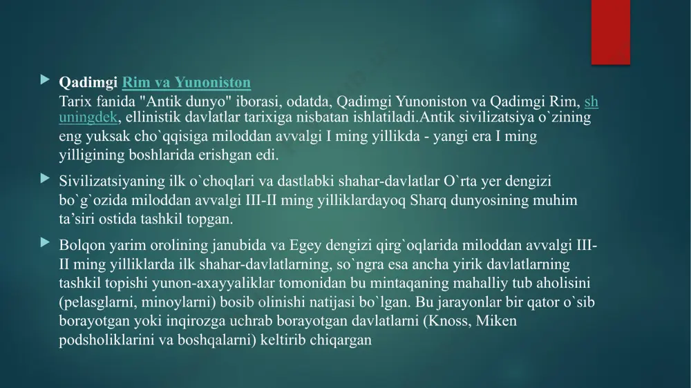 `zaro qo`shilib ketganligini ko`rish mumkin. antik dunyoda davlatchilik tashkil topishi jarayonining xususiyatlarini ko`p jihatdan tabiiy-geografik omillar belgilab bergan. antik polis o`zining ichki tuzilishi nuqtai nazaridan yopiq davlat bo`lgan. faqat qullar emas, begona chet elliklar, hatto, boshqa yunon shaharlaridan chiqqan kishilar ham davlatdan tashqarida qolgan. miloddan avvalgi vi-v asrlarda bir necha yuz qadimgi yunon polislari ichida harbiy jihatdan ancha yirik va kuchli ikkita shahar-davlat: afina va sparta birinchi o`ringa chiqqan. miloddan avvalgi i asrga kelib rimda ham polis tizimi tugagan. antik dunyo davlatlarida huquqning umumiy va o`ziga xos xususiyatlari huquq antik davrda fuqarolik jamiyatini va uning madaniyati elementlarini mustahkamlovchi omillardan biri sifatida birdaniga kamolotga va takomilga erishmadi. huquq o`z rivojlanishining ilk bosqichlarida yuridik tex-nikasi va asosiy institutlarining ishlab chiqilishi darajasi bo`yicha sharq mamlakatlari huquqiy tizimiga o`xshash bo`lgan. antik yunonistonda va rimda huquqning rivojlanishi alohida polislar doirasida amalga oshirilgan va alohida shahar-davlatlarda demokratik institutlarning rivojlanish darajasi huquqda o`z aksini topgan polis tizimining …
