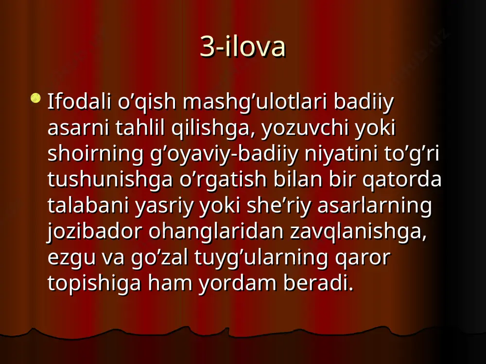 agilariga alohida e'tibor berishi lozimligini ko'rsatadi: nutq to'liq isbotli dalillarga ega bo'lishi kerak; materialni to'plash nutqa tayyorgarlikning asosidir; materialni to'g'ri joylashtirish— ekspozitsiyaga alohida e'tibor berish lozim; har qanday sohada ham nutqning muvaffaqiyatini bilish hal etadi. agar notiq o'z nutqi qaratilgan soxani yaxshi bilmasa,u qanchalik san'atkor bo'lmasin, o'z tinglovchisini jalb etolmaydi; notiqning o'ziga ishonchi mustahkam bo'lishi kerak. buning uchun notiq o'z nutqida olg'a suriladigan fikrga to'la ishonch hosil qilishi lozim. 9-ilova siseron tomonidan ishlab chiqilgan notiqlik nutqi kompozitsiyasi kirish. ishning mohiyatini bayon qilish. planning keyingi qismlarini ifodalash. dalillar (nutqning eng muhim qismi). asosiy mazmunni ta'kidlash. xulosa (yakun yasash). 10-ilova siseronning ifodali o`qish nazariyasi va tarixiga oid uchta asari "notiq haqida“. "notiq“. "brut" (yoki "taniqli notiqlar haqida"). 1-ilova 3-mavzu: o’zbek notiqlik san’ati tarixidan reja: ulug’ so’z san’atkorlarining ifodali nutq va notiqlik haqidagi fikrlari. husayn voiz koshifiy – iste’dodli suxandon, notiq va axloq targ’ibotchisi. xoja muayyad mehnagiy va mavlono riyoziy haqida. abu nosir …