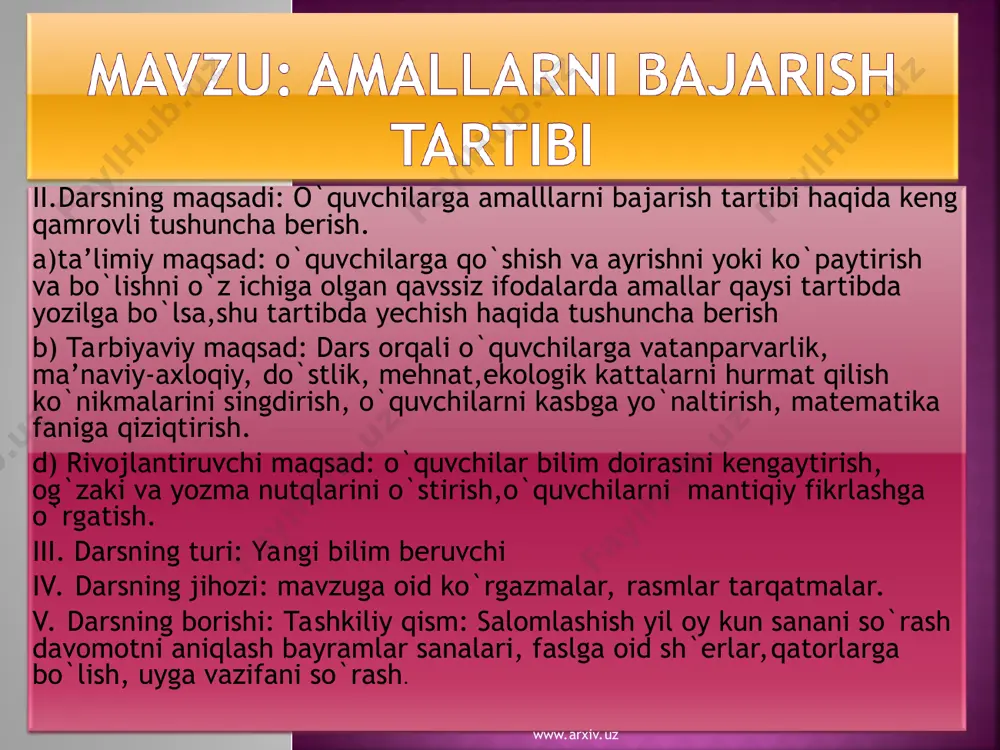 va bo`lishni o`z ichiga olgan qavssiz ifodalarda amallar qaysi tartibda yozilgan bo`lsa , shu tartibda chapdan o`ngga qarab bajariladi. namuna: 46+4-8=50-8=42 15:3*4=5*4=20 www.arxiv.uz www.arxiv.uz 1-misol. quyidagi ifodalar qanday amallarni o`zichiga olgan? 27+3-5=30-5=25 50-20-9=30-9=21 12:2*4=6*4=24 3*6:2=18:2=9 2-masala. maktab bog`ida olcha va o`rik daraxtlari bor. olchaning balandligi 5m, o`rikning balandligi 8m. qaysi daraxt baland? qancha baland? olchaning balandligi-5m o`rikning balandligi-8m qaysi daraxt baland-? qancha baland-? yechish:8-5=3(m) javob: o`rik daraxti 3 m baland www.arxiv.uz www.arxiv.uz 3-masala. jadval asosida masala tuzing va uni yeching. yechish: 1)24+16=40 (m) 2)40-10=30 (m) javob 30 m chit qoldi. www.arxiv.uz bor edi ishlatildi qoldi? 1-to`pda-24m chit 2-to`pda-16m chit 10 metr chit ? metr bor edi ekildi qoldi? 29 tup qayin 35 tup daraxt ko`chatlari ? daraxt ko`chati 20 tup majnuntol www.arxiv.uz > < = www.arxiv.uz www.arxiv.uz www.arxiv.uz www.arxiv.uz 12:3+3= 27+3-6= 10:2+7= 38-8+4= 15:3*3= 40-20+8= www.arxiv.uz www.arxiv.uz test sinovi: 1.bo`linmani toping? 48:6= a)5 b)7 d)8 2. ifodaning qiymatini toping? 40:4+8= …