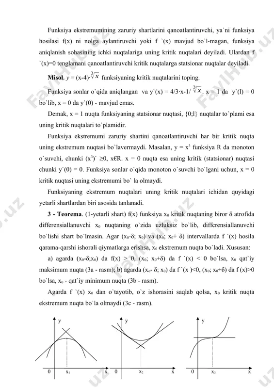 x = 1 nuqtada bo`lib, f min = f (1) = 2, x = 0,01 nuqta esa uning global maksimumi va f max = f (0,01) = 100,01. agar qaralayotgan kesmada funksiya uzilish nuqtalariga ega bo`lsa, yuqoridagilarga qo`shimcha, funksiyani uzilish nuqtalarida tekshirishlar qo`shiladi. funksiya (a;b) intervalda berilgan bo`lsa, funksiyani a nuqtada o`ngdan, b nuqtada esa chapdan tekshirish talab qilinadi. 4. funksiyaning qavariqligi. egilish nuqtalari 3 - § da qavariq to`plamda berilgan qavariq yoki botiq funksiya ta`riflangan edi. ko`p hollarda, qavariq iborasi qavariqligi bilan quyiga, botiq iborasi esa qavariqligi bilan yuqoriga qaragan deb yuritiladi. y = f(x) funksiya [a;b] kesmada uzluksiz, (a;b) intervalda differensiallanuvchi bo`lsa, kesmada qavariq yoki botiq funksiyani o`zgacha ta`riflash va shu bilan birga, (a;b) intervalda ikki marta differcnsial-lanuvchi bo`lsa, [a;b] kesmada qavariqlik shartini aniqlash imkoni tug`iladi. y x 0 b) a b y x a 0 b a) 4-rasm y = f(x) funksiya grafigi (a;b) interval chegarasida o`z …