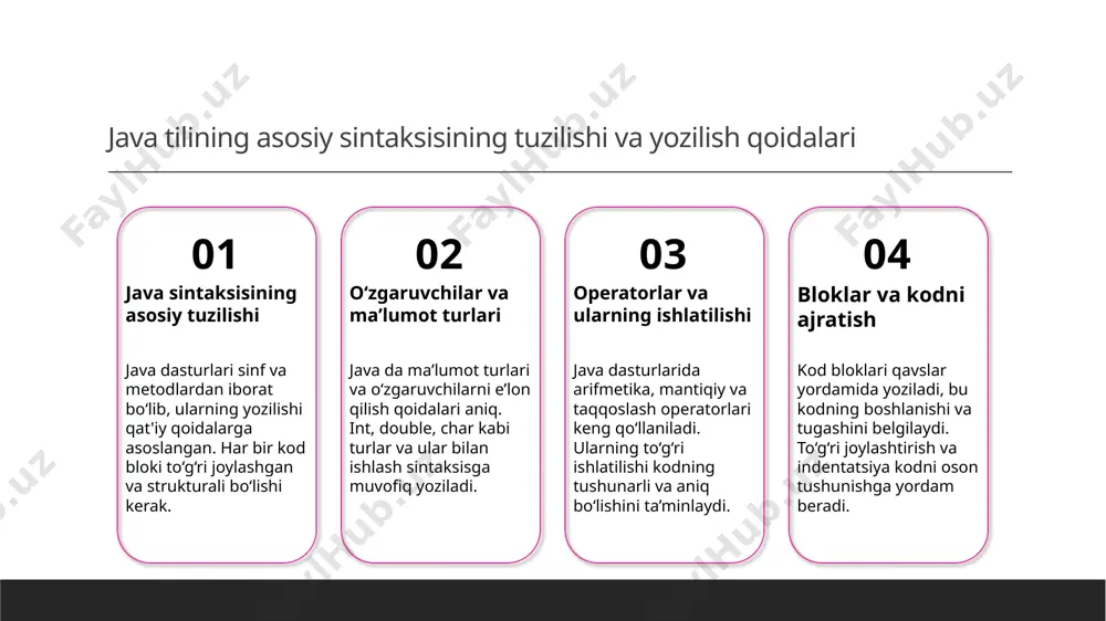 a mustaqillik java yozilgan kod "write once, run anywhere" prinsipiga asoslangan bo‘lib, platformadan qat'i nazar, turli operatsion tizimlarida ishlash imkonini beradi. 3 meros olish va polimorfizm java ob'ektlari sinflardan meros oladi, bu kodni takrorlamasdan kengaytirishga yordam beradi. polimorfizm esa dinamik tarzda metodlarni tanlash imkonini yaratadi. 4 ko‘p uchastkali dasturlash imkoniyati java ko‘p uchastkali dasturlash uchun optimallashtirilgan, bu esa katta va murakkab tizimlarni yaratishda, ularni boshqarishni yengillashtiradi. ob'ekt-oriented paradigma va java dasturlashda uning amaliy qo'llanmalari. 1 obyekt-oriented paradigma asoslari bu paradigma obyektlar, sinflar va meros olish kabi asosiy tushunchalarni o'z ichiga oladi, kodni modulyatsiya qilish va takrorlanuvchanligini ta’minlaydi. 2 java va obyektlar java dasturlashda obyektlar yordamida real hayotdagi muammolarni modellash mumkin, bu esa dasturlarni intuitiv va kengaytiriladigan qiladi. 3 amaliy qo’llanmalari java’da obyekt-oriented yondashuv kodni optimallashtirish, xavfsizlikni oshirish va murakkab tizimlarni boshqarishda muhim rol o'ynaydi. java tilining kuchli tomonlari va uni zamonaviy dasturlashda qo'llash imkoniyatlari. 1 kuchli platforma va keng qo’llanilishi …