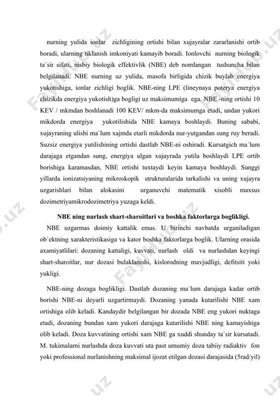 bundan xam yukori darajaga kutarilishi nbe ning kamayishiga olib keladi. doza kuvvatining ortishi xam nbe ga xuddi shunday ta`sir kursatadi. m. tukimalarni nurlashda doza kuvvati uta past umumiy doza tabiiy radiaktiv fon yoki professional nurlanishning maksimal ijozat etilgan dozasi darajasida (5rad/yil) bulgan tagdirda nbedarajasi nolga teng. usmalarni davolash maksadida katta dozalar kullanadi. bu xollarda doza kuvvati 0,1 gr/min. va undan kichik bulsa biologik ta`sir kuchsiz, doza kuvvati 1-2 gr/ minutga kadar ortib borishi nurning biologik ta`sirini xam ortishiga olib keladi. doza kuvvati bir nechta 10 gr/ minutga kadar kutarilganda biologik ta`sir kamayadi. yoki yana bir misol. terining cheklangan soxasi kiska muddat ichida 5 gr dozada nurlanishi (doza kuvvati 1-gr/ min.) oradan 2 xafta utgach terida eritemakizarish chikaradi: teri shishadi, ogrik paydo buladi, keyinchalik shu soxada sochlar vaktincha tushib ketadi. ammo nurlanish vakti 100-marta uzaytirilsa (doza kuvvati 0,01 gr/min) ayni shu dozada, 5 gr eritema chakirmaydi. nbe umumiy dozaning fraktsiyalarga (portsiyalarga) …