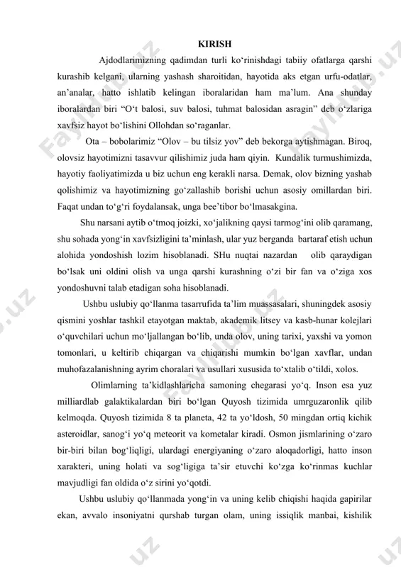 uchun mo‘ljallangan bo‘lib, unda olov, uning tarixi, yaxshi va yomon tomonlari, u keltirib chiqargan va chiqarishi mumkin bo‘lgan xavflar, undan muhofazalanishning ayrim choralari va usullari xususida to‘xtalib o‘tildi, xolos. olimlarning ta’kidlashlaricha samoning chegarasi yo‘q. inson esa yuz milliardlab galaktikalardan biri bo‘lgan quyosh tizimida umrguzaronlik qilib kelmoqda. quyosh tizimida 8 ta planeta, 42 ta yo‘ldosh, 50 mingdan ortiq kichik asteroidlar, sanog‘i yo‘q meteorit va kometalar kiradi. osmon jismlarining o‘zaro bir-biri bilan bog‘liqligi, ulardagi energiyaning o‘zaro aloqadorligi, hatto inson xarakteri, uning holati va sog‘ligiga ta’sir etuvchi ko‘zga ko‘rinmas kuchlar mavjudligi fan oldida o‘z sirini yo‘qotdi. ushbu uslubiy qo‘llanmada yong‘in va uning kelib chiqishi haqida gapirilar ekan, avvalo insoniyatni qurshab turgan olam, uning issiqlik manbai, kishilik hayotiga ta’siri, olov va uning jilovlab bo‘lmas yong‘inga aylanishi, undan muhofazalanish usullari haqida qisqacha to‘xtalib o‘ti ladi. chaqmoq – hayot uchun ko'rinib turgan xavf, garchi avtohalokatga o'xshash juda yaqin bo'lmasa-da. dunyoda chaqmoqlardan bir yil davomida 10 mingdan …