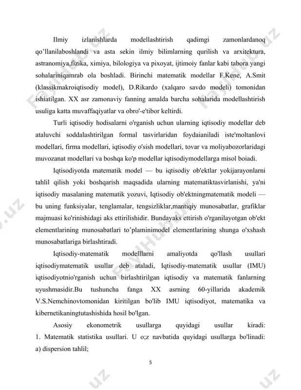ning tasnifi a) iqtisodiy о si sh nazariyasi; b) tarmoqlararo balanslar; v) ishlab chiqarish funktsiyalari nazariyasi; g) talab va taklif tahlili; 3. optimal dasturlash: a) chiziqli dasim lash; b) kasr-chiziqli dasturlash; v) butun sonli dasturlash; g) dinamik dasturlash; d) stoxastik daslurlash; e) o'yinlar nazariyasi va boshqalar. 4. bozor iqtisodiyotiga taalluqli usullar: a) erkin raqobat modellari; b) firmalarga taalluqli modellar. jamiyatdagi va iqtisodiyotdagi ob’ektlami matematik modellar yordamida kuzatish va o ’rganish mumkin. bu tushuncha m odellashtirish deyiladi. m odel so'zi lotincha m odulus so'zidan olingan bo'lib, o'lchov, me’yor degan ma'noni anglatadi. iqtisodiy model - iqtisodiy ob'ektlaming soddalashtirilgan nusxasidir. bunda modelning hayotiyligi, uning modellashtiriladigan ob'ektga aynan mos kelishi muhim ahamiyatga egadir. lekin yagona modelda o'rganilayotgan ob'ektning hamma tomonini aks ettirish mumkin emas. bunda jarayonning eng xarakterli va eng muhim belgilari aks ettiriladi. demak, modelning haqiqiyligi to'plangan ma'lumotlar hajmiga, aniqlik darajasiga,tadqiqotchining malakasiga va modellashtirish jarayoniga, aniqlanadigan masalaning xarakteriga bog'liqdir. shuni ham unutmaslik kerakki, …