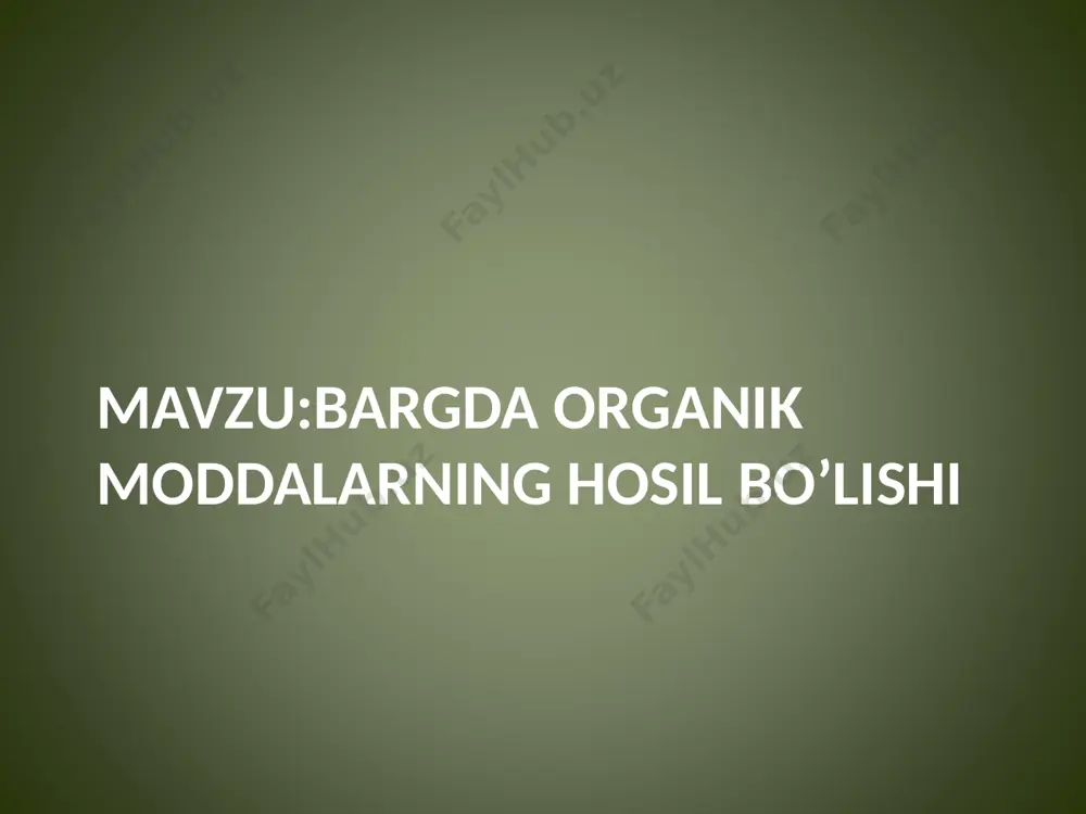 modda hosil qiladi usti va osti epiderma b.n qoplangan glyukoza hosil bo’ladi yangi mavzu bayoni.(20-25) mavzu:fotosintez. barglarda organik moddalarning hosil bo’lishi. 1.fatosintez nima? 2. bargda organik moddalarning hosil bo’lishi. 3. o’simliklar hayotiga yorug’likning ahamyati. reja: fotosintez reaksiyasi 6h2o+co2 quyosh energiyasi xlorofil donachalari c6h12o6+6o2 bilimga chanqoq iste’dodli yoshlarni topib,ularni vatanga fidoyi insonlar qilib tarbiyalash muqaddas vazifadir. i.a.karimov mustahkamlash(5-7daqiqa) fotos.(yorug’lik) 2. karbanat angidirid. 3. kislorod. 4. organik modda. 5. kraxmal. 6. shakar. 7. moy. 8.meniral tuzlar. quyosh metodi fotosentiz suv (h2o) karbonat angidirid (co2) kislorod (o2) glyukoza (c6h12o6) xlorofil donachalari xlorofil donachalari yorug’lik singving metodi ot barg tomir sifat yashil, tirik va o’lik hujayradan tuzilgan uzun nay,oq fe’l nafas oladi,suv bug’latadi,organik modda hosil qiladi anorganik va organik moddalar harakatlanadi klaster metodi bio lotto lotareasi 00231 bio lotto lotareasi 00543 bio lotto lotareasi 00142 bio lotto lotareasi 00205 bio lotto lotareasi 00514 bio lotto lotareasi 00046 barg po’stidagi hujayralarning shakli. (daftar) barg qanday …