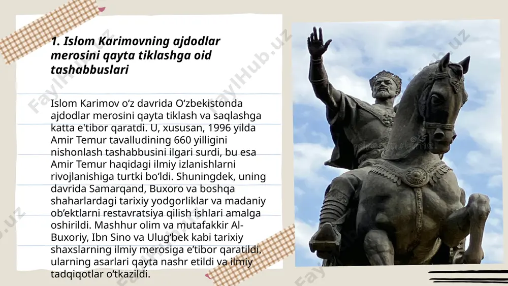 ldi. paytaxt toshkentda milliy teatr va madaniyat markazlari tashkil etildi. 1996-yilda alisher navoiy tavalludining 555 yilligi nishonlandi va bu tadbir xalqning milliy g'ururini oshirdi. shuningdek, karimov davrida 2000-yilda "boysun bahia" va boshqa madaniy meros tadbirlari unesco ro'yxatiga kiritildi, bu esa xalqaro e'tiborni jalb qildi. ... t.me/slaydai_bot tarixiy shaxslar va ularning merosini o‘rganish tashabbuslari xx asrda muhim ahamiyat kasb etdi. o‘zbekiston mustaqillikka erishgach, amir temur, alisher navoiy, abu rayhon beruniy kabi shaxslarning hayoti va faoliyatini o‘rganishga keng e'tibor qaratildi. 1996 yilda amir temur tavalludining 660 yilligi nishonlandi. 2009 yilda alisher navoiyning 568 yilligi munosabati bilan bir qancha ilmiy konferensiyalar tashkil etildi. 2019 yilda abu nasr forobiyning 1150 yilligi xalqaro miqyosda nishonlandi. ushbu tashabbuslar orqali tarixiy shaxslarning ilmiy va madaniy merosini o‘rganish, yangi avlodlarga yetkazish va ularni qadrlash yo‘lida salmoqli ishlar amalga oshirilmoqda. ... t.me/slaydai_bot 7. milliy an'ana va urf-odatlarni saqlab qolishdagi hissasi milliy an'ana va urf-odatlar xalqning tarixiy xotirasi va madaniy …
