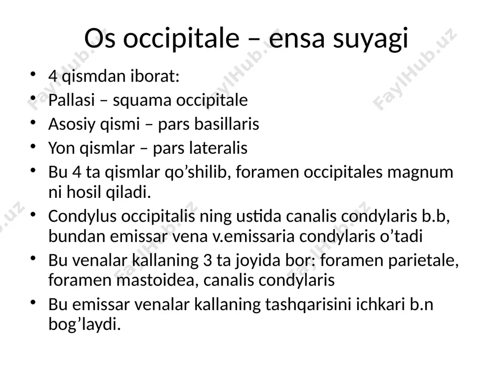 a mavjud. ---fissura petrosquamosa ---fissura petrotympanica ---fissura tympanomastoidea ---fissura tympanosquamosa kanallar 7 ta: canalis caroticus- uyqu kanali.foramen canalis caroticus externusdan boshlanib, internusga tugaydi, bundan ichki uyqu arteriyasi va nervlar o’tadi. canaliculi caroticotympanii- uyqu nog’ora kanalchasi.yuqoridagi kanal boshlangan joydan boshlanib, 2 ta kichik kanalcha sifatida nog’ora bo’shlig’ida tugaydi.bundan uyqu-no’gora nervlari o’tadi. canalis nervus facialis- yuz nervi kanali.piramidada joylashgan ichki eshituv yo’li myatus acusticus interna dan boshlanib, for,stylomastoideum da tugaydi.bundan yuz nervi o’tadi. canaliculi chorda-tympanii- nog’ora tori kanalchasi. yuz nervi kanalining tugash qismidan aniqrog’i foramen stylomastoideumdan boshlanadi, bir vaqtning o’zida yuqori va old tomonga yo’naladi.nog’ora bo’shlig’iga borib, nog’ora pardani innervatsiya qiladi, keyin fissura petrotympanica orqali nog’ora bo’shlig’ini tark etadi va tilning oldingi 3 dan 1 qismini- ta’m bilish so’rg’ichlarini innervatsiya qiladi. canaliculi tympani- nog’ora kanalchasi, fossula petrosa dan boshlanib, nog’ora bo’shlig’ida tugaydi. canalis musculo-tubarius- muskul- nay kanali. fissura petrosquamosadan boshlanib, 2ga bo’linadi.semicanalis musculi tensori tympanii semicanalis tuba auditivi- yevstaxiy nayi kanali canaliculus …