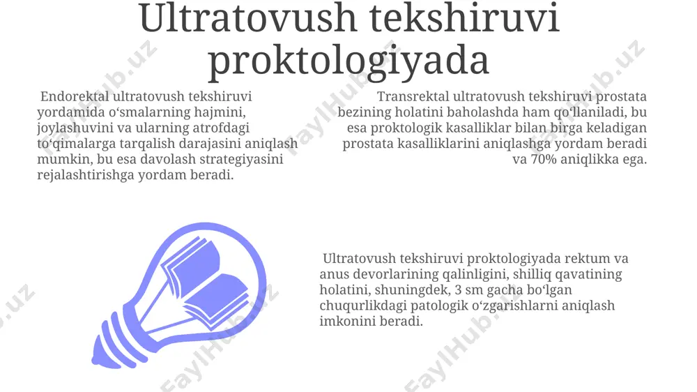 ozlangan bo'lib, bu shifokorlarga ichak shilliq qavatining tafsilotlarini 10 baravar aniqroq ko'rish imkonini beradi. virtual kolonoskopiya (vk) kabi alternativ usullar rentgenografiya yordamida ichakni 3d tasvirini yaratadi, bu invaziv bo'lmagan tekshiruv usuli bo'lib, bemorlar uchun xavfni sezilarli darajada kamaytiradi. kolonoskopiya jarayonida polipektomiyani amalga oshirish uchun endoskopik uskunalar (snares, polipektomlar) qo'llaniladi, bu esa jarrohlik aralashuv ehtiyojini 30% ga kamaytiradi. mr va kt proktologiyada mr va kt birgalikda qo'llanilganda, proktolologik kasalliklarning diagnostikasining aniqligini 90% dan yuqori darajaga ko'tarish mumkin, bu esa samarali davolash strategiyasini ishlab chiqishga imkon beradi. mr tekshiruvi proktoloiyada rektal shilliq qavatining yuqori aniqlikdagi tasvirlarini olish imkonini beradi, bu esa 2-3 mm gacha bo'lgan poliplarni va boshqa patologiyalarni aniqlashga yordam beradi. kt proktoloiyada, ayniqsa, ichak devorining qalinligi va chuqurlikdagi o'smalarning aniqlanishini baholashda juda muhimdir, bu esa 3d rekonstruktsiya yordamida 80% aniqlik bilan amalga oshiriladi. zamonaviy davolash usullari: minimal invaziv jarrohlik minimal invaziv jarrohlik, masalan, transanal endoskopik mikrojarrohlik (tem), 90% dan ortiq …