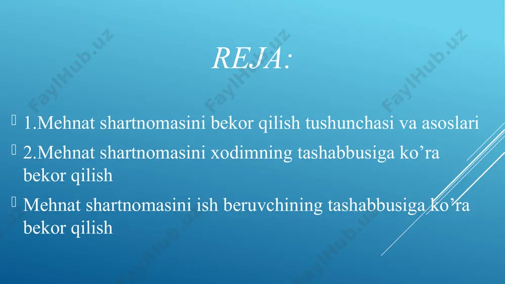 qda ish beruvchini yozma shaklda ogohlantirgan holda bekor qilishga haqli. o’z yashabbusiga ko’ra bekor qilinganda ish beruvchini ogohlantirishning boshqa muddatlari quyidagilarga nisbatan belgilab qo’yilgan: tashkilot rahbari,uning o’rinbosarlari, tashkilotning bosh bugalteri va tashkilot alohida bo’linmasining rahbari; mavsumiy xodimlar; vaqtinchalik ishlarda band bo’lgan shaxslar; mikrofirmalar ish beruvchilarining xodimlari; yakka tartibdagi tadbirkorlarda ishlaydigan shaxslar; uy ishchilari; qonunda nazarda tutilgan hollarda bosqa xodimlar. ogohlantirish muddatining o’tishi ish beruvchi tomonidan xodimning mehnat shartnomasini bekor qilish to’g’risidagi arizasi olinganidan so’ng keyingi kunda boshlanadi. mehnat shartnomasini ish beruvchi tashabbusiga ko’ra bekor qilish nomuayyan muddatga tuzilgan mehnat shartnoimasini,shuningdek muddati tugaguniga qadar muddatli mehnat shartnomasini ish beruvchining tashubbusiga ko’ra bekor qilish mumkin va u asoslangan bo’lishi kerak. xodimning malakasi yetarli bo’lmaganligi sababli egallab turgan lavozimiga yoki bajarayotgan ishiga muvofiq emasligi; xodimning o’z mehnat majburiyatlarini muntazam ravishda buzganligi; xodimning o’z mehnat majburiyatlarini bir marta qo’pol ravishda buzganligi; mehnat kodeksida va boshqa qonunlarda belgilangan o’zga sabablar (asoslar). etiboringiz uchun rahmat /docprops/thumbnail.jpeg