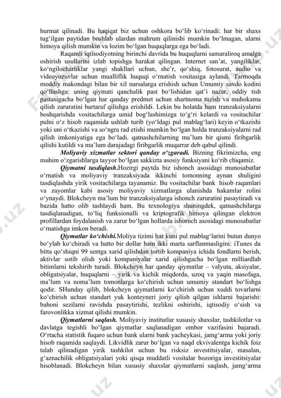 rtaraf qilishga va’da beradi. birinchidan, tartibga solish riski – to‘lovning bitimni tartibga solish jarayonida bironta xato natijasida o‘tmaslik riski. ikkinchidan, kontragentlik riski – ikkinchi tomon bitimni tartibga solish ro‘y bermagunga qadar defolt e’lon qilish riski. nihoyat, eng jiddiy tizimli risk, tizimdagi barcha yirik kontragentlik risklari yig‘indisi. qiymat innovatsiyasi. bitkoin blokcheyni bitkoinlar uzatish uchun yaratilgan, boshqa moliyaviy aktivlar bilan ishlash uchun emas. biroq bu ochiq boshlang‘ich kodli, eksperimentlarni rag‘batlantiradigan texnologiya. ayrim novatorlar bitkoin to‘lovlari uchun emas, balki boshqa maqsadlar uchun mo‘ljallangan alohida blokcheynlar, ya’ni altkoynlar yaratadi. boshqalar esa har qanday, ham jismoniy, ham raqamli aktiv yoki majburiyat: kema aksiyalari, neft barreli, oltin yombi, avtomobil, avtokredit bo‘yicha to‘lov, veksel yoki schet – yokil, albatta, real valyutani ifodalagan holda «bo‘yalishi» mumkin bo‘lgan «hosila» kriptovalyutalar saydcheynlari yaratish uchun bitkoin blokcheyni o‘lchami va likvidligidan foydalanish usullarini izlaydi. saydcheynlar bu – imkoniyatlari va funksiyalari bo‘yicha bitkoin blokcheynidan farq qiladigan, lekin uning xavfsizligini pasaytirmagan holda bitkoin kompyuter …