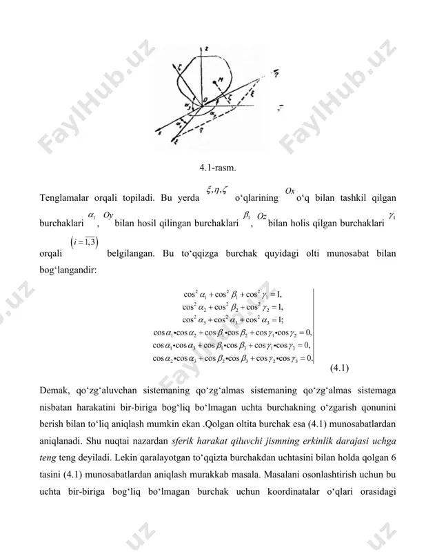 rakatini bir-biriga bog‘liq bo‘lmagan uchta burchakning o‘zgarish qonunini berish bilan to‘liq aniqlash mumkin ekan .qolgan oltita burchak esa (4.1) munosabatlardan aniqlanadi. shu nuqtai nazardan sferik harakat qiluvchi jismning erkinlik darajasi uchga teng teng deyiladi. lekin qaralayotgan to‘qqizta burchakdan uchtasini bilan holda qolgan 6 tasini (4.1) munosabatlardan aniqlash murakkab masala. masalani osonlashtirish uchun bu uchta bir-biriga bog‘liq bo‘lmagan burchak uchun koordinatalar o‘qlari orasidagi burchaklardan uchtasini olmay. eyler tomonidan tavsiya etilgan boshqa burchaklarni olish qulaydir.eyler burchaklari deb ataluvchi bu burchaklar orqali yuqorida aytilgan to‘qqizta burchakni osonlik bilan ifodalash mumkin. qo‘zg‘aluvchi tekislik bilan qo’zg‘almas tekislik kesishgan chiziqni orqali belgilaylik (4.2-rasm), bu chiziq tugunlar chizig‘iq tugunlar chizig‘i deyiladi. 4.2-rasm. eyler burchaklari quyidagicha olinadi: -pretsessiya burchagi, -nutatsiya burchagi, -sof aylanish burchagi deyiladi. eyler burchaklari tekisliklariga tegishlicha perpedikulyar bo‘lgan o‘larining ichidan qaralganda burchaklarining mos ravishda o‘lardan boshlab o‘zgarishi soat strelkasi aylanishga teskari ko‘rinadigan yo‘nalish munosabat yo‘nalish deb olinadi. jismning harakati davomida bilan bog’langan qo’zg’aluvchi sistema ham …