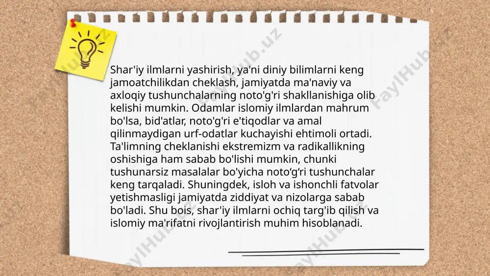 atijasiga ko'ra, foydalanuvchilarning 45% noto'g'ri ma'lumotlar bilan duch kelganligini bildiradi. ilmiy ma'lumotlarning noto'g'ri talqin qilinishi, ayniqsa sog'liq va iqtisodiyotga doir masalalarda, jiddiy zarar keltirishi mumkin. shu sababli, aniq va ishonchli manbalarga tayanish muhim sanaladi. ... t.me/slaydai_bot yoshlarni ilmiy ma'rifiy jarayonga jalb qilish muhim masala hisoblanadi. o‘zbekiston respublikasi yoshlarining 60% dan ko‘pini tashkil etadi, shuning uchun ularni ilmiy yo‘nalishlarga jalb qilish zarur balansni saqlashga yordam beradi. 2023 yilda o‘zbekistonda 5000 dan ortiq ilmiy to‘garaklar faoliyat ko‘rsatmoqda. yosh olimlar uchun 1000 ta stipendiya va grantlar ajratilgan. internetning keng imkoniyatlari orqali 70% yoshlar online kurslar va vebinarlar orqali bilimlarini oshirishga intilmoqda. statistikaga ko‘ra, 2022 yilda yoshlarning ilmiy loyihalariga 20 million aqsh dollari mablag‘ ajratilgan edi. bu raqamlar yoshlarning ilmiy jarayonlarga aktiv ishtiroki uchun asos yaratmoqda. ... t.me/slaydai_bot 13. shar'iy ilmlarni o'rganish usullari shar'iy ilmlarni o'rganish usullari ko'plab qadamlar va metodlarni o'z ichiga oladi. avvalo, qur'on va hadislarni o'qib-o'rganish muhimdir. talabalar fiqh, tafsir, hadis, …