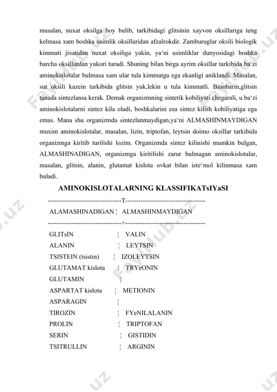 riptofan serin ¦ gistidin tsitrullin ¦ arginin ogiz bushligidan oksillar ximiyaviy uzgarishlarga uchramay, maydalangan, sulak bilan xullangan ovkat lukmasi xolida oshkozonga tushadi, oshkozonda oksillarning xazmlanishi uning shirasi tarkibidagi ferment - pyepsin va xlorid kislota ta‘siriga boglik. bir kecha kunduzda oshkozondan 2-3 l shira ajraladi. uning tarkibi xam sulak kabi 99 % suvdan iborat.kuruk moddalardan mutsin nomli shilimshik glikoproteid, pepsin fermenti, taxminan 0.5 % mikdorda xlorid kislota bor. kuchli xlorid kislota oshkozonga tushgan oksil moddalarni shishirib, ferment ta‘siri uchun kulay sharoit tugdiradi. natijada gidrolitik parchalanish tezlashadi. bundan tashkari, kislotali sharoitda pyepsinogyen shaklida bulgan ferment faollanib, pyepsinga utadi. oshkozon shirasi me‘da devorining shilimshik pardasida joylashgan ikki xil xujayralar - uning pilorik (kirish) kismidagi asosiy xujayralar, markaziy va boshka kismlaridagi asosiy xamda chyegaraviy xujayralarda ishlab chikariladi. ovkat bilan oshkozonga tushgan oksillar uning pilorik kismi shilimshik pardasida gastrin nomli gormon ishlab chikarilishini stimullaydilar. gastrin oshkozon shirasi ajralishini kuzgatadi. aminokislota gistamin xam shu singari ta‘sirga …