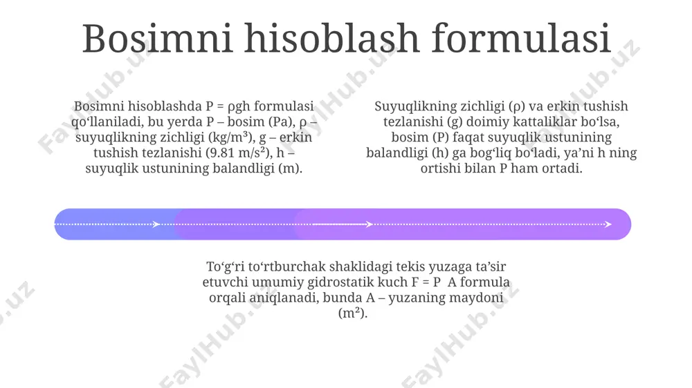 suv ustunining balandligi va suyuqlik zichligiga bog'liq bo'lgan gidrostatik bosimning ta'siri natijasida hosil bo'lgan to'liq kuch, vertikal o'q bo'ylab, bosim markazidan o'tadi. tekis yuzaga ta'sir etuvchi bosim add text add text add text add text add text add text agar tekis yuzaning qiyaligi 30° bo'lsa va unga 10 m chuqurlikdagi suv ta'sir etsa, bosimning gorizontal va vertikal komponentlarini hisoblashda trigonometrik funksiyalardan foydalaniladi. 1 m² maydonga 5 m chuqurlikdagi dengiz suvi (zichligi taxminan 1025 kg/m³) ta'sir etganda, yuzaga ta'sir etuvchi gidrostatik kuch 51250 n ga teng bo'ladi. tekis yuzaga ta'sir etuvchi gidrostatik bosim suyuqlikning zichligi (ρ), erkin tushish tezlanishi (g) va suyuqlik ustunining balandligi (h) ga bog'liq bo'lib, p = ρgh formulasi bilan hisoblanadi. bosimning chuqurlikka bog'liqligi 01 02 03 chuqurlik 2 baravar ortsa, gidrostatik bosim ham 2 baravar ortadi; bu bosimning chuqurlikka chiziqli bog'liqligini tasdiqlaydi. suv zichligi doimiy deb faraz qilinganda. dengiz sathidan 50 metr chuqurlikdagi gidrostatik bosim, 1 atmosfera …