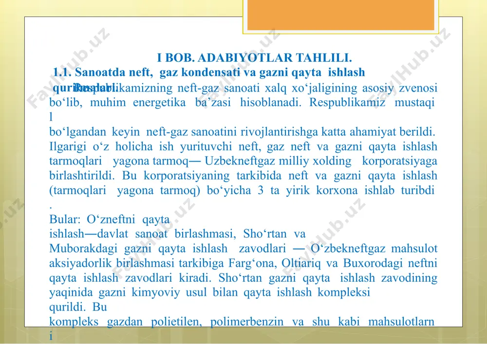 ’yicha shudring nuqtasiᴼc dan yuqori emas 01.04 dan 31.10 gacha 01.11 dan 31.03 gacha 0 -5 8 8 aniqlanishi shart 2uglevodorodlarbo’yicha shudring nuqtasi haroratiᴼc dan yuqori emas 0 0 15 15 aniqlanishi shart 3 vodorod sulfidning hajm. % dan ko’p emas 0,12 0,12 aniqlanishi shart 4merkaptanli oltingugurt massasi , g/m3 dan ko’p emas 0,036 0,036 aniqlanishi shart 5mexanik aralashmalar massasi g/m3 dan ko’p emas 0,003 0,003 aniqlanishi shart 6 kislorodning hajm. qismi, hajm % dan ko’p emas 1,0 1,0 --- 2-jadval. № ko’rsatkichlar nomi kst05786726- 05: 2005 bo’yicha qiymatlar nazorat shartliligi haqida qayd 1bosim 5,5 mpa dagi gaz quvuriga kirayotgan gazning harorati, °c ko’p emas 55 _ 2kislorodning hajm. qismi, % dan ko’p emas 1.0 _ 3 mexanikaralashmalar massasi , g/m3 dan ko’p emas 0.003aniqlanishi shart 4-jadval. № ko’rsatkichlar nomi o’lchov birligi loyiha bo’yicha me’yor 1. vodorod sulfid miqdori hajm. %0.03 gacha 2. karbonat angidrid miqdori hajm. %0.14 gacha 3. …