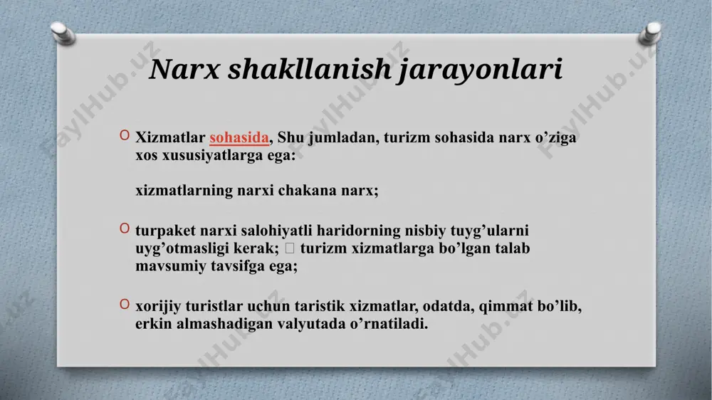 zgarishi mumkin. prays-varaq bozorning barcha segmentlar talablariga javob berishi kerak. turistlar daromad darajasiga, yoshiga va soniga qarab narxlar tabaqalanishi kerak. yaxshi prays-varaq iste‘molchiga: -firma narxlarini raqib narxlari bilan taqqoslash imkoniyatini; -narxlar o’sishi va pasayishini tahlil qilish; -katalog asaosida uyda o’tirib kelgusi safarni hisoblash va rejalashtirish imkoniyatini beradi. image3.jpeg image4.png image5.jpeg image6.png image7.jpeg