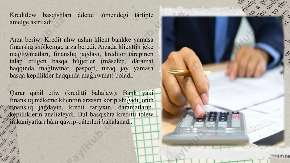 t stavkası belgilenedi. qarjınıń beriliwi: shártnamaǵa qol qoyılǵannan soń, qarjı klientke beriledi. tólemler: klient kreditti belgilengen múddette qaytaradı, hár ayda tólemlerdi ámelge asıradı. bul basqıshlar kreditlew procesin tolıq túsiniw ushın áhmietli. klientler, sonday-aq, óz minnetlemelerin orınlaw hám tólemlerdi óz waqtında ámelge asırıw arqalı jaqsı kredit tariyxına ie bolıwı múmkin. kreditniń qáwip faktorları kreditlew procesinde bankler yamasa finanslıq shólkemler ayırım qáwip-qáterlerdi esapqa aladı: kredit riskleri: klienttiń qarızdı tólewde qıyınshılıqlarga dus keliwi yaki tólemlerdi ámelge asırmay qalıw qáwpi. inflyaciya: puldıń qádirsizleniwi nátiyjesinde kredittiń real bahası ózgeriwi múmkin. bazar sharayatları: ekonomikalıq krizis yaki bazardıń ózgeriwi kredit qaytarıwda qıyınshılıqlarǵa alıp keliwi múmkin. 5. kreditti qaytarıw hám tólemler. kreditti tabıslı qaytarıw ushın klient tólemlerdi óz waqtında ámelge asırıwı kerek. eger tólemler keshiktirilse, qosımsha járiyma yamasa procentler óndiriliwi múmkin. sonday-aq, eger kreditti tólewde mashqalalar júzege kelse, bank klientke qayta qarjılandırıw yamasa kreditti keshiktiriw imkaniyatların usınıs etiwi múmkin. paydalanilg’an adebiyatlar. 1. samuelson p. a. – "economics" 2. …