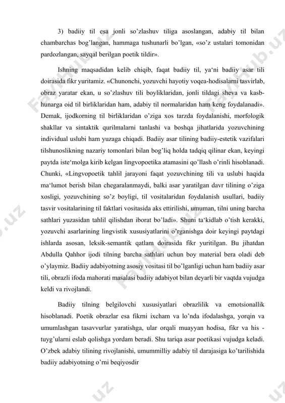 lashgan tasavvurlar yaratishga, ular orqali muayyan hodisa, fikr va his - tuyg’ularni eslab qolishga yordam beradi. shu tariqa asar poetikasi vujudga keladi. o’zbek adabiy tilining rivojlanishi, umummilliy adabiy til darajasiga ko’tarilishida badiiy adabiyotning o’rni beqiyosdir badiiy nutq obrazli va emotsional-ekspressiv ifodalilikka ega ekan, bunda tilning kommunikativ funksiyasi bilan emotsional-ekspressivlilik funksiyasi qo’shilib ketadi. shunday ekan, badiiy asarni idrok qilish til qurilishini anglash orqali amalga oshiriladi. «badiiy nutq stili avtorlarga asarning estetik ta‘sirini kuchaytirish uchun tilning barcha leksik va grammatik vositalaridan ustalik bilan foydalanish, tanlash, shuningdek, yangidan-yangi ifoda vositalari yaratish imkonini beradi».yozuvchilarning til vositalaridan foydalanishdagi individual ijodiy mahorati turlichadir. badiiy asar tili va yozuvchi uslubini o’rganishda, ko’pincha, leksik, frazeologik vositalar, badiiy tasvir vositalari, ijodkorning okkazional so’z va ibora yaratish mahorati kabi masalalar o’rganiladi-yu, ularning fonetik va grammatik xususiyatlari e‘tibordan chetda qoldiriladi. lekin abdulla qahhor asarlari tahliliga jiddiy yondashilsa, tilning barcha sathlari uchun ham boy poetik material bera olishi kuzatiladi. abdulla qahhor asarlarida …