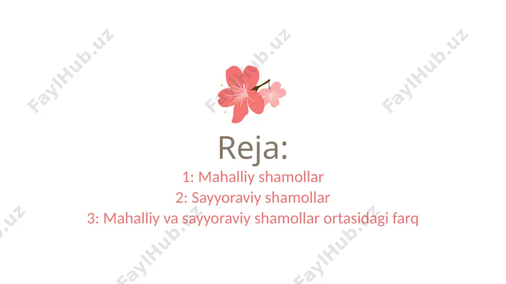 ltirib chiqaradi. sayyoraviy shamollar insoniyat faoliyatiga va ekologik tizimlarga kuchli ta'sir ko'rsatadigan, muhim tabiiy hodisalar hisoblanadi. ularni tushunish iqlim o'zgarishi va tabiiy ofatlarni oldini olishda muhim ahamiyatga ega. muson shamollari - joylashuvi: janubi-sharqiy osiyo, hindiston va boshqa tropik mintaqalarda. - xususiyatlari: musonlar yillik iqlim o'zgarishlari bilan bog'liq bo'lib, kuz-qish davrida quruq, yozda esa nam va qoshimchasida kuchli yomg'irlar keltiradi. etiboringiz uchun raxmat! image1.png image2.png image3.png image4.png image5.png image6.png