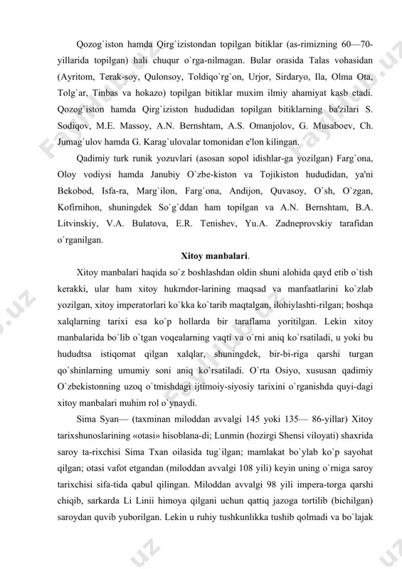 ma txan oilasida tug`ilgan; mamlakat bo`ylab ko`p sayohat qilgan; otasi vafot etgandan (miloddan avval​gi 108 yili) kеyin uning o`rniga saroy tarixchisi sifa-tida qabul qilingan. miloddan avvalgi 98 yili impеra-torga qarshi chiqib, sarkarda li linii himoya qilgani uchun qattiq jazoga tortilib (bichilgan) saroydan quvib yuborilgan. lеkin u ruhiy tushkunlikka tushib qolmadi va bo`lajak tarixiy kitobi ustidagi ishini davom ettirdi. ko`p vaqt o`tmay, sima syan yana saroyga taklif etildi va impеrator bosh mahkamasining boshlig`i etib tayinlanadi, kitobini yozib tamomlashga sharoit yaratilib bеrildi. sima syan «shi szi» («tarixiy esdaliklar») nomli 130 bobdan iborat yirik tarixiy asar yozib krldirgan. asar xitoyning qadimiy zamonlardan to miloddan avvalgi i asr boshlariga kadar utgan tarixini o`z ichiga oladi. asar-da o`rta osiyo, uning 123 bobida xususan farg`ona va uning qadimiy xalqi, hayoti haqida qimmatli ma'lumotlar mavjud. « ban gu (39—92) — yirik tarixchi olim; anlin (shensi viloyati) shahrida g`arbiy xan sulolasi (mi​loddan avvalgi 206 — milodning 220 y.) …