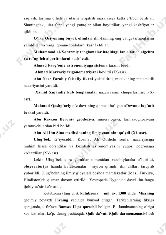 onlarn» deb atalgan. kutubxonaning ichida yana ikki xudoning — xu «so’z» hamda sia “bilim” xudolarining tasviri bor edi) xii asrning boshlaridan xorazmiy, ibn sino, al-kindiy, ibn rushd va boshqalarning asarlari latin tiliga tarjima qilina boshladi. leonardo da vinchi, r. bekon, t. gobbs, n. kopernik, j. bruno, g. galiley, i. kepler, r. dekart kabi olimlar tabiat haqidagi bilimlarni rivojlantirdilar. astrologiya o’rnini astronomiya, alkimyo o’rnini kimyo egalladi. o’rta asrlardan boshlab yevropada universitetlar fanni rivojlantirishda muhim rol o’ynadi. o’rta osiyoda vujudga kelgan madrasalarda asosan diniy bilimlar o’qitilgan bo’lsa-da, ba’zan ilg’or mudarrislar tomonidan dunyoviy fanlar, chunonchi, matematika, astronomiya, geografiya, tibbiyot elementlarid xam ta’lim berilgan. akademiya tarzidagi muassasa va jamiyatlar sharq, mamlakatlarida viii-ix asrlarda tarkib topa boshlagan. yevropada bunday jamiyatlar xv-xvi- asrlardan boshlab tashkil qilingan yangi davrda fanning ijtimoiy roli yanada oshdi. u madaniyatning muhim tarmog’i va texnikaning nazariy asosiga aylana boshladi. xvi-xvii-asrlarda klassik fizikaning poydevori qurildi. fanning nazariya darajasiga ko’tarilganligi fikrnnng (tafakkur) induktiv va …