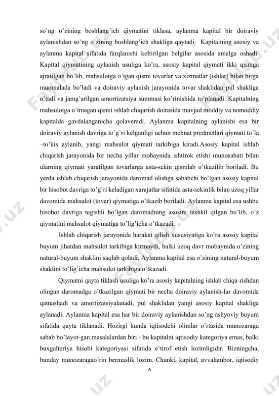 lag’lar va pul mablag’lari kabi iqtisodiy resurslardir.12 ushbu mulohazalar kapitalning iqtisodiy kategoriya ekanligini to’liq yorita olmaydi. balki, bu ta’riflar kapital mohiyatini buxgalteriya hisobi kategoriyasi sifatida ochib beradi xalos.bizning fikrimizcha, iqtisodiyot nazariyasida kapital tushunchasiga berilgan ta’riflar ko’proq nazariy, umumlashgan holda bo’lib, uning o’z-o’zidan ko’payish xususiyatini aks ettiradi. buxgalteriya hisobidagi ta’rif-larda esa uning aniq namoyon bo’lish shakllariga, buyumlashganligiga ko’proq urg’u beriladi. bunday yondashish hech ham iqtisodiyot nazariyasiga zid emas. buxgalteriya hisobida qiymatning qaerda ko’payishi va qanday ko’payish jarayoni, uning manbalari aniq bandlarda ko’rinib turadi. demak, buxgalteriya hisobida kapitalga iqtisodiyot nazariyasida berilgan ta’rif yanada puxta tizimlashgan shaklda oydinlashadi. bizning fikrimizcha, buxgalteriya hisobi nuqtai nazaridan asosiy kapital bu - avvalo iqtisodiy kategoriya bo’lib, tayyorlash, ishlab chiqarish va sotish hamda noishlab chiqarish sohasida ishtirok etayotgan va kelgusida iqtisodiy naf keltiradigan aktivlardir. asosiy va aylanma kapitalga ajaratish mezoni negzida ularning ma’lum bir qiymatga bog’liqligi emas, balki iqtisodiy naf keltira olishi yotishi kerak. xo’jalik yuritishning rivojlanish tarixiga …