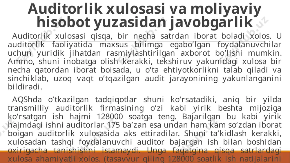jrochi direktor auditorlik hisobot(xulosasi)ining elementlari xas-700 “moliyaviy hisobotlar bo‘yicha auditorlik xulosalari”da shunday deyiladi: “auditor moliyaviy hisobotlar haqidagi fikrlarini bildirish uchun asos sifatida olingan auditorlik dallillarni tahlil qilishi va xulosalami baholashi lozim”. auditorlik xulosasi umumiy moliyaviy hisobotlar haqida aniq bildirilgan yozma fikrni ifodalashi kerak. auditorlik xulosalari ushbu boiim da batafsilroq muhokama qilinadigan quyidagi asosiy elementlarni o ‘z ichiga olishi kerak: nomi; - oluvchi; kirish qismi; moliyaviy hisobotlami aniqlash; subyekt rahbariyati va auditoming javobgarliklari haqida bayonnoma; qayd etish qismi (audit tabiatini ta’riflash); axsga yoki amaliyotga havola; auditor tomonidan qilingan ishni ta’riflash; moliyaviy hisobot haqida bildirilgan fikrning mazmuni; hisobot sanasi; auditorning manzili; - auditorning imzosi - nomi. auditorlik hisoboti (xulosasi) mazkur hisobot (xulosa) mustaqil auditorning hisoboti (xulosasi) hisoblanishini aniq ko‘rsatadigan nomga ega bo’lishi lozim. adresat (oluvchi). auditorlik hisoboti (xulosasi) kelishuv shartlariga muvofiq tegishli adresat ko‘rsatilgan holda tuzilishi lozim. xulosa qoidaga ko‘ra kompaniyaning yoki aktsionerlarning yoxud kuzatuv kengashiga yo direktorlar kengashiga yuboriladi. nederlandiyaga o‘xshash …