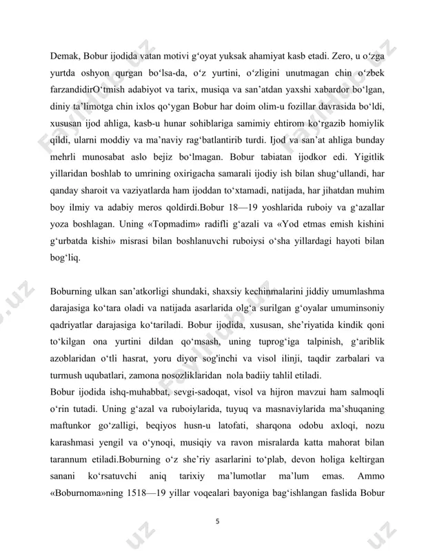 linib turadi. 1527 yil oktyabrda bobur yana xastalikka uchragach, umrining oxirlab qolganini his etadi. shunda bobur o‘zi e’tiqod qo‘ygan xoja ahror valiyga ixlos bilan uning nasrda bitilgan «volidiya» asarini she’riy tarjima qiladi.[footnoteref:1] [1: 1.abdullayev m. "boburnoma va shajarai turning qiyosiy poetikasi"] ming yillik tarixga ega bo’lgan adabiyotimizda badiiyat masalasi hamisha she’r ahlining diqqat markazida bo’lib kelgan. u yoki bu san’atkor salohiyati haqida so’z borganda, uning nimalarni tasvirlagani emas, asosan, qanday tasvirlaganiga e’tibor qaratilgan. jumladan, adabiy asarlarda she’riy san’atlardan foydalanish mahorati hamma davrlarda badiiy san’atkorlikning asosiy qirralaridan biri sifatida baholangan. she’riy san’atlar badiiy asarda ifodalangan g’oyalarning hayotiyroq, ta’sirchanroq ifodalanishiga, lirik va epik timsollarning yorqinroq gavdalantirilishiga, misralar, baytlar, bandlarning lafziy nazokati, musiqiyligi, jozibadorligini ta’minlashga xizmat qilgan. u yoki bu shoir ijodiga, u yoki bu asarga baho berilar ekan, ijodkor ifodalayotgan g’oya o’z aksini topgan ijtimoiy-siyosiy, falsafiy-axloqiy, ma’rifiy-tarbiyaviy muammolar mohiyati va ko’lami, badiiy timsollar jilosi bilan bir vaqtda qo’llangan she’riy san’atlarning rang-barangligi, mantiqiy …