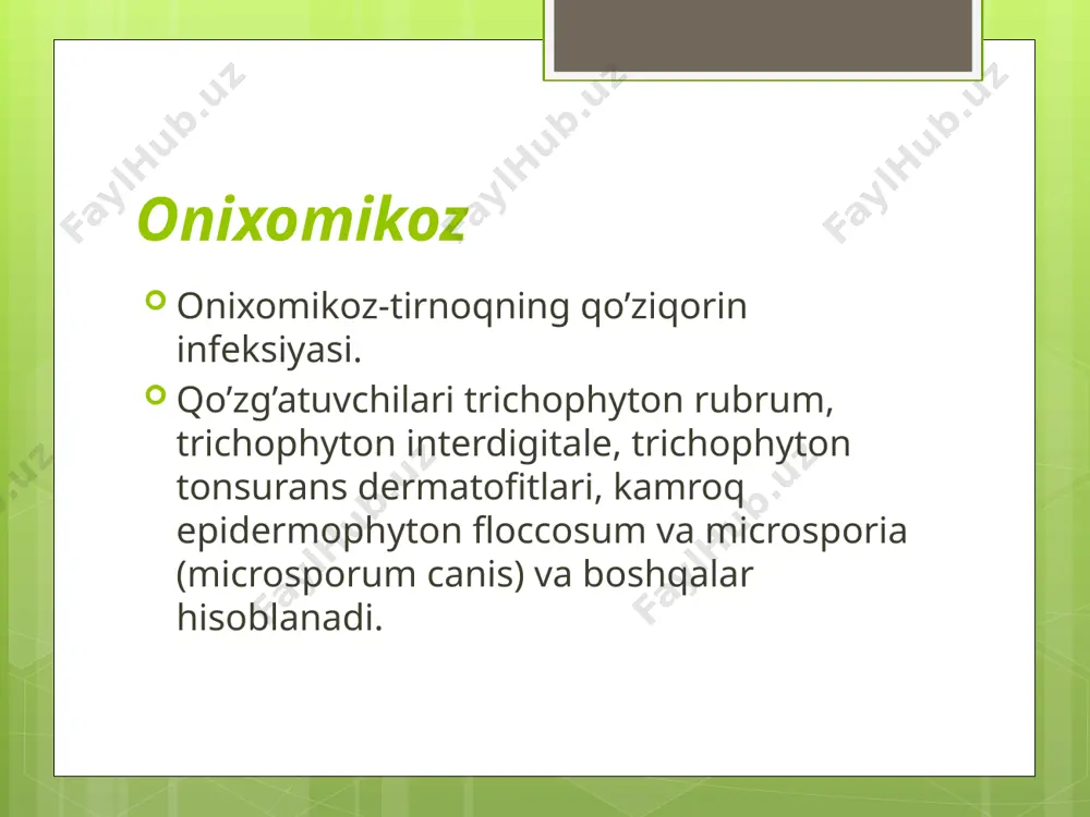 qorin tabiatini laboratoriya tasdiqlashi bilan foydalanish mumkin. murakkab holatlarda ta’sirlangan to’qimalarni olib tashlash kerak bo’lishi mumkin. onixomikozni davolash uziq davom etadi-3 oydan 1 yilgacha.,bunda infeksiya tirnoq ichida davom etishi va uning to’liq yangilanishini kutish kerak. gipergidroz yoki oyoqlarning ortiqcha terlashi ko’pincha erkaklarda onixomikozning sababi hisoblanadi epidemiologiya yevropaning 16 davlatida oyoq kasalliklarini o’rganish natijasida onixomikoz oyoqlarning eng keng tarqalgan qo’ziqorin kasalligi degan xulosaga keldi. tarqalishi yoshga qarab ortadi qandli diabetga chalinganlarning 1|3 qismi tirnoqlarning qo’ziqorin infeksiyasiga ega. image2.jpeg image3.jpeg image4.jpeg image5.jpeg image6.jpeg image7.jpeg image8.jpeg /docprops/thumbnail.jpeg