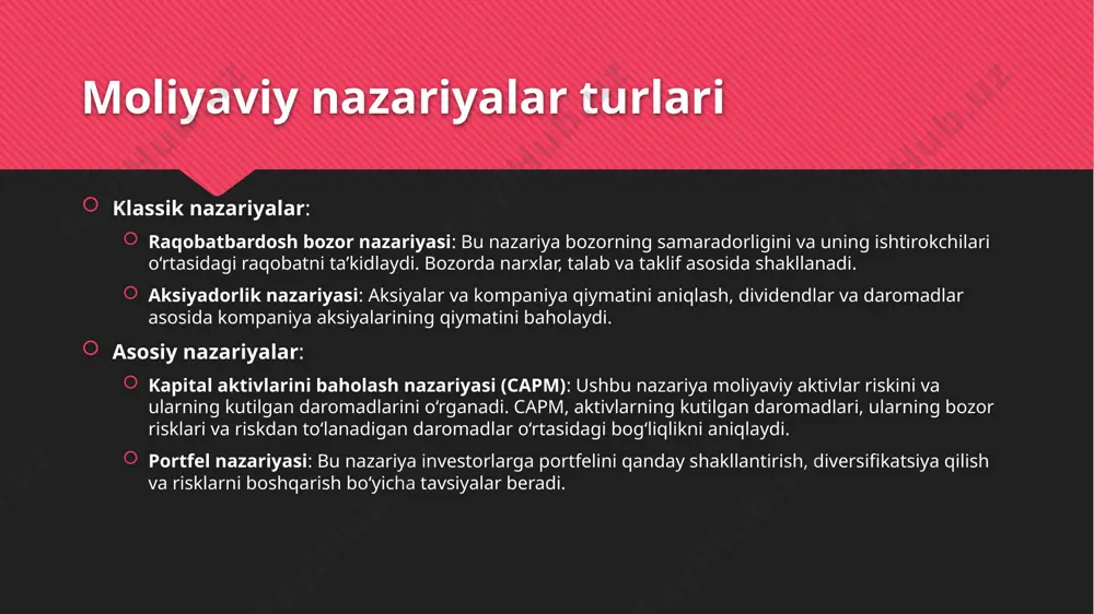 arning kombinatsiyasida kutilgan daromadni maksimal darajada oshiradi va riskni minimal darajada ushlab turadi. makroiqtisodiy nazariyalar monetar nazariya: pul massasi va inflatsiya: pul massasi ko‘payishi inflyatsiyaga olib kelishi mumkin. markaziy banklar pul siyosati orqali inflatsiyani nazorat qiladi. pul teoriya: ushbu nazariya iqtisodiy faoliyat darajasini pul massasi bilan bog‘laydi, bu esa inflatsiya va o‘sish sur'atlarini belgilaydi. ijtimoiy xarajatlar nazariyasi: ijtimoiy optimizm: barcha ijtimoiy resurslar optimal taqsimlanganida ijtimoiy farovonlik maksimal darajada bo'ladi. xarajatlarni boshqarish: ijtimoiy xarajatlarni tahlil qilish orqali davlat siyosatini shakllantirish va ijtimoiy himoyani ta'minlash. moliya nazariyalari moliya boshqaruvi nazariyasi: kapital boshqaruvi: tashkilotning moliyaviy resurslarini qanday boshqarish kerakligini o‘rganadi, bu esa profitni maksimal darajada oshirishga yordam beradi. qarz va kapital struktura: qarz va aksiyalarning optimal kombinatsiyasi. qarzning ko‘payishi risklarni oshiradi, lekin kapitalni oshirish uchun zarur bo‘lishi mumkin. sug‘urta nazariyasi: riskni baholash: sug‘urta polislari va ularning narxlari risk darajasi asosida belgilanadi. sug‘urta bozoridagi strategiyalar: sug‘urta kompaniyalari uchun diversifikatsiya va risklarni boshqarish muhimdir. /docprops/thumbnail.jpeg