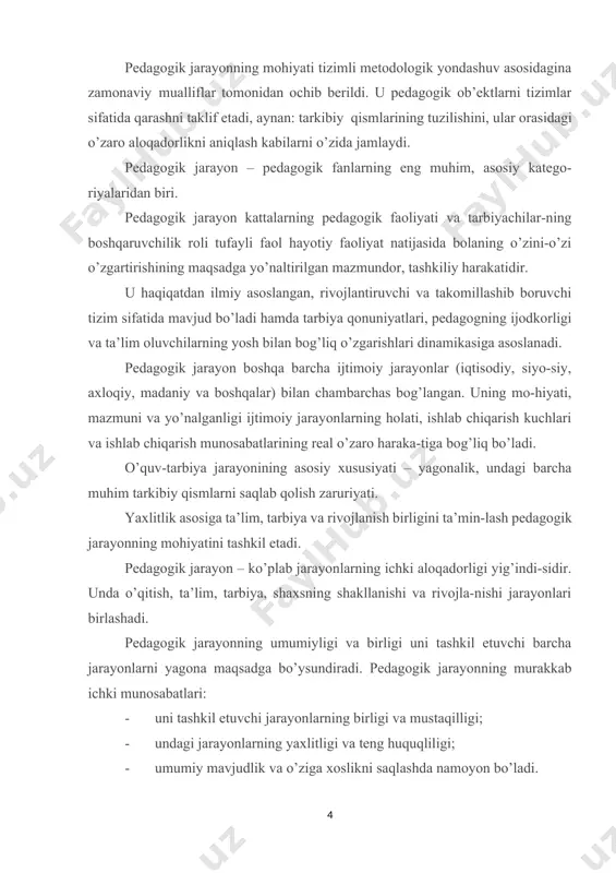 ziga xoslikni saqlashda namoyon bo’ladi. pedagogik jarayonga uning tarkibiy qismlarining o’zaro aloqadorlikda qonuniy joy egallashi birligini o’zida ifoda etuvchi yagona tizim sifatida qarash mumkin. tuzilish(struktura) – bu tarkibiy qism(element)larning tizimdagi joylashuvidir. tizimlarning tuzilishi tarkibiy qismlarni qabul qilish mezonlarida belgilangani bo’yicha, bundan tashqari ular orasidagi aloqadorlikda tashkil etiladi. pedagogik jarayonning o’zi maqsad, vazifa, mazmun, metodlar, pedagog va tarbiyalanuvchilarning o’zaro harakati shakllari, shu bilan birga erishilgan natijalar bilan xarakterlanadi. pedagogik jarayonda ishtirok etadigan tizim tarkibiy qismlariga quyidagilar kiradi: - pedagoglar; - tarbiyalanuvchilar; - tarbiyaviy shart-sharoitlar. jarayonning aniq maqsadli tarkibiy qismi pedagogik faoliyatning barcha ko’p obrazli maqsad va vazifalarini: bosh maqsad – har tomonlama va barkamol shaxsni tarbiyalashdan – alohida sifatlarni shakllantirishning aniq vazifasigacha o’z ichiga qamrab oladi. mazmunli tarkibiy qism umumiy maqsad bilan birga, xuddi shunday aniq vazifani qo’yadigan ma’noni aks ettiradi. faoliyatli tarkibiy qism – jarayonni tashkil etish va boshqarishda busiz belgilangan natijalarga erishish mumkin bo’lmagan pedagoglar va tarbiyalanuvchilarning o’zaro harakati …