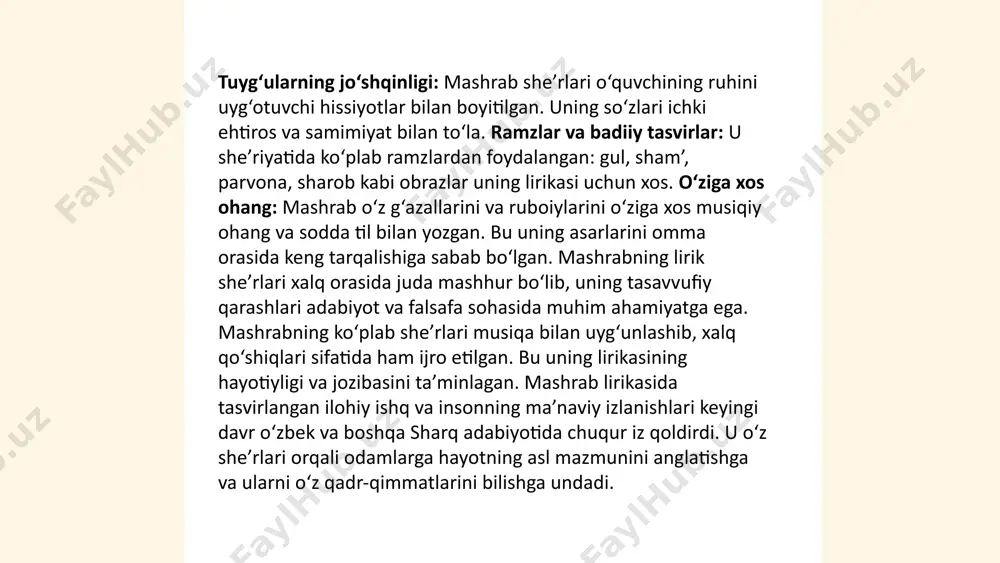 i anglatadi. mashrabning ishqni tasavvur qilish usuli, unutilmas va buyuk bir quvonchni, baxtni ifodalashga qaratilgan. ... t.me/slaydai_bot mashrabning lirikasi nafaqat tasavvufiy masalalarni, balki falsafiy qarashlarni ham o‘z ichiga oladi. uning she’rlari davomida insonning ichki olamiga chuqur nazar tashlanadi. mashrabning fikricha, inson faqatgina o‘zligini anglash, ya’ni tavhid (ollohning yagona ekanligini anglash) orqali haqiqiy baxtga erishishi mumkin. u jamiyatning adolatsizligiga qarshi chiqib, odamlarni yaxshilikka, ijtimoiy adolatga chaqiradi. mashrabning eng o‘ziga xos jihatlaridan biri — bu ichki izlanishlarga bo‘lgan urg‘u. mashrab, bir tomondan, tasavvuf falsafasining asosiy g‘oyalarini targ‘ib qilgan bo‘lsa, boshqa tomondan, ijtimoiy hayotdagi noxushliklarni tanqid qiladi. uning she’rlari faqat ilmiy va diniy ma’lumotlar bilan bog‘liq bo‘lib qolmay, balki odamlarni ma’naviy o‘sishga undaydi. ... t.me/slaydai_bot mashrabning lirikasi o‘ziga xos badiiy tasvirlar va obrazlar bilan boyitilgan. u ramzlarni, tasvirlarni va simvolik tilda ishlatilgan so‘zlarni ustalik bilan qo‘llagan. uning she’rlari asosan g‘azal va ruboi janrlarida yozilgan. g‘azal — o‘zining qisqa va mazmunli misralari bilan mashrab …