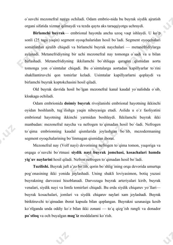 iz moddaga ustunchalar shaklida (bertini ustunchalari), mag`iz modda esa po`stloq moddaga mag`iz nurlari (ferreyn nurlari) shaklida botib kiradi. nefron — buyrakning struktur funksional birligi. ularning umumiy soni buyrakda bir millionga etadi. nefronda quyidagi bo`limlar tafovut etiladi: 1. tomirlar chigali va uni o`rab turuvchi kapsuladan iborat buyrak tanachasi (koptokchasi). 2. nefronning proksimal bo`limi. 3. nefron (genli) qovuzlog`i. 4. nefronning distal bo`limi. bir necha nefronlarning distal bo`limlari qo`shilib, bir yig`uv nayiga, yig`uv naylari o`zaro birlashib yiriklashadi va buyrak kosachalariga ochiladi. buyrakda ikki xil nefronlar farq qilinadi. birinchi xili deyarli po`stloq moddasida joylashadi — bularni po`stloq nefronlari deyiladi va ular nozik bo`limlarining qisqa bo`lishi bilan xarakterlanadi; ikkinchi xili — yukstamedullyar (miya moddasi yonidagi) nefronlardir. yukstamedullyar nefronning buyrak tanachalari magiz moda yaqinida joylashadi. yukstamedullyar nefronlarning bo`limlari uzun bo`lib, buyrak so`rg`ichlariga borib etadi. po`stloq va yukstamedullyar nefronlarning o`zaro nisbati 5:1 dan iborat. buyrak tanachasi kapillyarlar koptokchasi va shumlyanskiy — boumen kapsulasining (parietal va visseral) varaqlaridan …