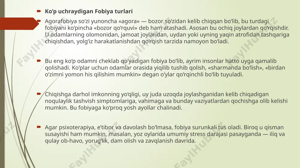 onada yoki hatto gavjum jamoat transportida ham sodir bo‘lishi mumkin. klaustrofobiya — bu fazoviy fobiyalardan biri bo‘lib, unga balandlik, chuqurlik, qorong‘ulik va ochiq joylardan qo‘rqish ham kiradi. 3.akrofobiya — balandlikdan qo‘rqish so‘rovnoma natijalariga ko‘ra, ko‘plab odamlar balandlikdan qo‘rqadi. masalan, o‘n qavatli uyda bo‘lgan odam bosh aylanishi, qo‘rquv hissi va yiqilib tushmaslik uchun biror narsaga yopinish istagini sezadi. 4.tanatofobiya — o‘limdan qo‘rqish bu haqiqatan ham global muammo. hamma bu haqda o‘ylaydi, lekin ko‘pchilikda o‘limdan qo‘rquv juda majburiy va ortiqcha bo‘ladi. ba’zi tadqiqotlarga ko‘ra, har bir mamlakat aholining taxminan 10% odamlar o‘limdan vahimaga tushib qo‘rqadi. eng avvalo, odam yo‘qlik va haqiqatning yo‘qligi — mavjud bo‘lmaslik faktidan qo‘rqadi. 5.kantserofobiya — saraton kasalligidan qo‘rqish onkologik kasalliklar haqida har kuni, har qadamda gapiriladi. oddiy bir reportaj ham normal odamda fobiya paydo qilishi mumkin. tibbiyot mutaxassislari ta’kidlashicha, bu qo‘rquv psixologik kasalliklar turiga kiradi. shuningdek, kantserofoblar o‘zlarini shunchalik ruhlantirib yuboradiki, ularda saraton bemorlarida kuzatiladigan simptomlar — ko‘ngil …