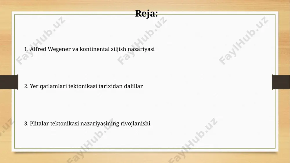 hunishga yordam beradi. pangaea superqit'asi taxminan 200 million yil avval parchalanib, hozirgi qit'alarni hosil qilgan degan gipoteza plitalar tektonikasi nazariyasini qo'llab-quvvatlovchi muhim dalil bo'ldi; bu jarayon yerning magnit maydonini o'rganish orqali tasdiqlangan. zamonaviy tadqiqotlar va kelajak istiqbollari avstraliya yaqinidagi litosfera qalinligini aniqlash bo'yicha tadqiqotlar, plitalar tektonikasi nazariyasini yanada takomillashtirish va litosfera dinamikasini 50 yildan ortiqroq davrda modelini qayta ko'rib chiqishga imkon beradi. global'ning 20 dan ortiq seysmik stantsiyalari tarmog'i orqali yer qobig'ining harakatini yuqori aniqlikda kuzatish, tektonik plitalar harakatining murakkab modellarini yaratish imkonini beradi. alfred wegener va kontinental siljish nazariyasi wegener o'z nazariyasini qo'llab-quvvatlash uchun paleontologiya dalillarini, xususan, gondvana qit'asining turli qismlarida topilgan bir xil 250 million yillik o'simlik va hayvon qoldiqlarini keltirdi. alfred wegener 1912-yilda "qit'alar siljishi" nazariyasini ilgari surdi, unda u 200 million yil avval gondvana deb nomlangan ulkan qit'aning mavjud bo'lganligini va keyinchalik u hozirgi janubiy amerika, afrika va avstraliya kabi qit'alarga bo'linishini taxmin qildi. plitalar chegaralari …
