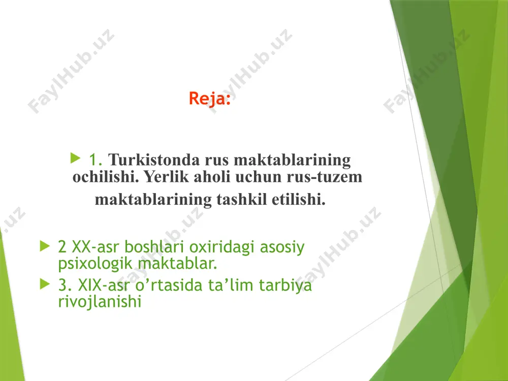 rtlari bor edi. turkistonda birinchi general-gubernatori bo‘lgan kaufman barcha musulmon muassasalariga nisbatan “aralashmaslik” (betaraflik) siyosatini tutdi. o‘rta asr musulmon maktablarini isloh qilishdan bosh tortgan chorizm, ruslar o‘rnashgan yerlarda ochilgan rus maktablarini turkistonda maorif sohasida o‘z siyosatining quroli qilib olishga harakat qildi. (toshkentda dastlabki rus maktabi 1866 yilda ochilgan edi). rus maktablariga ruslar bilan birga o‘qish uchun mahalliy aholi bolalari ham qabul qilinar edi. turkistondagi boshlang‘ich rus maktablarida hunarga rossiyaning yevropa qismidagiga qaraganda, ancha ko‘proq o‘rgatilar edi; bundan maqsad mahalliy aholining bolalarini maktabga ko‘proq jalb qilish edi. chorizmning turkistonda ruslashtirishdan iborat maktab tizimi uning povoljye (volgabo‘ylari) uchun maqullangan “ilminskiy sistemasi”dan farq qilar edi. qozon pedagogi ilminskiy volgabo‘yidagi chuvashlar, mariylar va boshqa xalqlar uchun alohida rus va mahalliy aholi maktablari ochgan edi. bu maktablarda o‘qish dastlab bolalarning ona tillarida olib borilar, rus tili esa alohida fan sifatida o‘qitilar edi, shu bilan birga, hamma darsliklar xristian (pravoslavie) dinini targ‘ib qilish ruhida tuzilgan edi. …