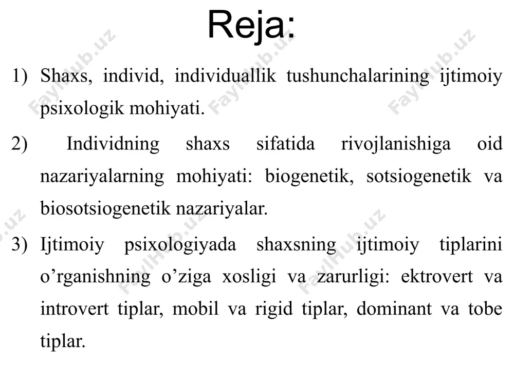 arni rivojlanishi demak!!! individ termini odamning biologik mavjudot ekanligini bildirsa, shaxs termini - uning ijtimoiy mavjudligini bildiradi individuallik tushunchasi individuallik – bu kishining o’ziga xosligi, uni boshqa odamlardan farqini aks ettiruvchi psixologik va fiziologik fazilatlar birikmasi. amerika va boshqa barcha g'arb davlatlarida shaxsni o'rganishga nisbatan ikki xil ijtimoiy psixologiya psixologik ijt. psixologiya sotsiologik ijt. psixologiya ijtimoiy psixologiyada psixologik ijtimoiy psixologiya shaxs va faoliyat, muomala, shaxslararo munosabat, shaxsning ijtimoiy-psixologik tuzilishi, shaxsning kognitiv, konativ, xulq-atvor imkoniyatlarini o'z ichiga olgan ijtimoiy ustanovkalar, shaxs va jamoaning ijtimoiy-ruhiy kechinmalari sotsiologik ijt. psixologiyada jamiyatning ijtimoiy qatlamlarini tahlil qilish, xalqlar psixologiyasi, ommaviy hodisalar psixologiyasi, sinflar, guruhlar, gumanistik psixologiya d.mayers ijtimoiy psixologiyada shaxsni o'rganishning o'ziga xosligini tahlil qilishda zolushka haqida ertagidan foydalanadi. fransuz faylasufi jan-pol sartrning ta’kidlashicha, zolushka bilan sodir bo'lgan voqeada hech qanday hayratlanarli narsa yo'q, uning fikricha, biz odamlar «hamisha vaziyatlarga bog'liqmiz. bizni vaziyatlardan ajratib bo'lmaydi, vaziyatlar shaxs sifatida bizni va bizning imkoniyatlarimizni shakllantiradi». “shaxs” va …
