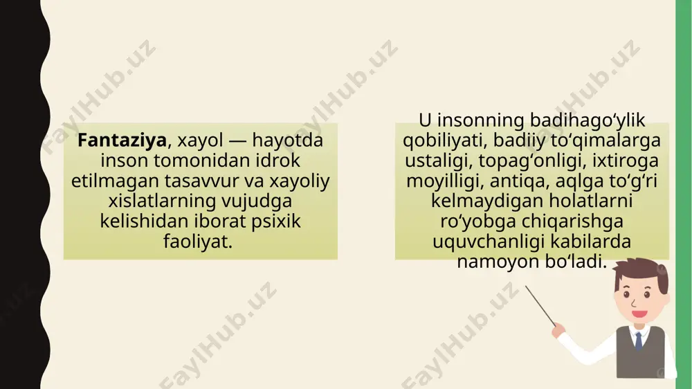 a/image4.png ppt/slides/_rels/slide9.xml.rels ppt/slides/slide1.xml [content_types].xml _rels/.rels docprops/custom.xml fantaziya haqida tushuncha kasbiy fantaziyaning asosiy jihatlari kasbiy fantaziyaning ahamiyati xulosa qilib aytganda kasbiy fantaziya zamonaviy mutaxassislar uchun muhim qobiliyat hisoblanadi. bu qobiliyat nafaqat shaxsiy muvaffaqiyatga, balki umumiy professional jamoaning rivojlanishiga ham katta hissa qo‘shadi. kasbiy fantaziyani rivojlantirish va qo‘llab-quvvatlash orqali innovatsion yechimlar va muvaffaqiyatli loyihalar yaratish mumkin bo‘ladi. kreativ muhit yaratish : fantaziya va ijodkorlik kreativ muhit yaratishda muhim rol o‘ynaydi, bu esa o‘z navbatida xodimlar orasida kooperatsiya va innovatsiyalarni rag‘batlantiradi. muammolarni hal qilish : kasbiy fantaziya yordamida mutaxassislar murakkab muammolarni hal qilish uchun yangi va samarali usullar topishadi. rivojlanish imkoniyatlari : ijodiy yondashuvlar va yangi g‘oyalar kompaniya yoki tashkilotning rivojlanishiga yangi imkoniyatlar ochadi. moslashuvchanlik : kasbiy fantaziya muhit va sharoitlar o‘zgarishiga tezda moslashish qobiliyatini rivojlantiradi. bu esa mutaxassislar uchun yangi vaziyatlarga tez va samarali javob berish imkonini yaratadi. kelajakni oldindan ko‘ra olish : ijodiy fantaziya yordamida mutaxassislar kelajakdagi ehtiyojlar va tendensiyalarni oldindan …