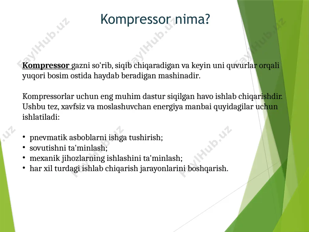 tillar ochiladi. elektrodvigatelni yoqib uning valining aylanishi moy nasosi qopqog`ida ko`rsatilgan strelkaga to’g`ri kelishi tekshiriladi. kompressor dastlab 1-1,5 soat mobaynida salt holda ishlatiladi va keyin asta sekin bosim nominal qiymatigacha oshiriladi va yana 1 soat ishlatiladi. kompressor ishlaganida qo`shimcha begona shovqin bo`lmasligi, podshipniklar isib ketmasligi kerak. moylash sistemasida bosim 0,1-0,15 mpa bo`lishi kerak. sovutgichdagi haydovchi va tarqatuvchi ventillar keyin qurilma normal rejimda chiqariladi. /docprops/thumbnail.jpeg porshenli, markazdan qochma va vintli kompressorlarga texnik xizmat ko'rsatish va ta'mirlash porshenli, markazdan qochma va vintli kompressorlarga texnik xizmat ko'rsatish va ta'mirlash kompressor nima? kompressor gazni so'rib, siqib chiqaradigan va keyin uni quvurlar orqali yuqori bosim ostida haydab beradigan mashinadir. kompressorlar uchun eng muhim dastur siqilgan havo ishlab chiqarishdir. ushbu tez, xavfsiz va moslashuvchan energiya manbai quyidagilar uchun ishlatiladi: pnevmatik asboblarni ishga tushirish; sovutishni ta'minlash; mexanik jihozlarning ishlashini ta'minlash; har xil turdagi ishlab chiqarish jarayonlarini boshqarish. kompressorlarning tasnifi. kompressorlar quyidagi turlarga bo'linadi: tovush harakati: aylanuvchi; piston(porshen); …