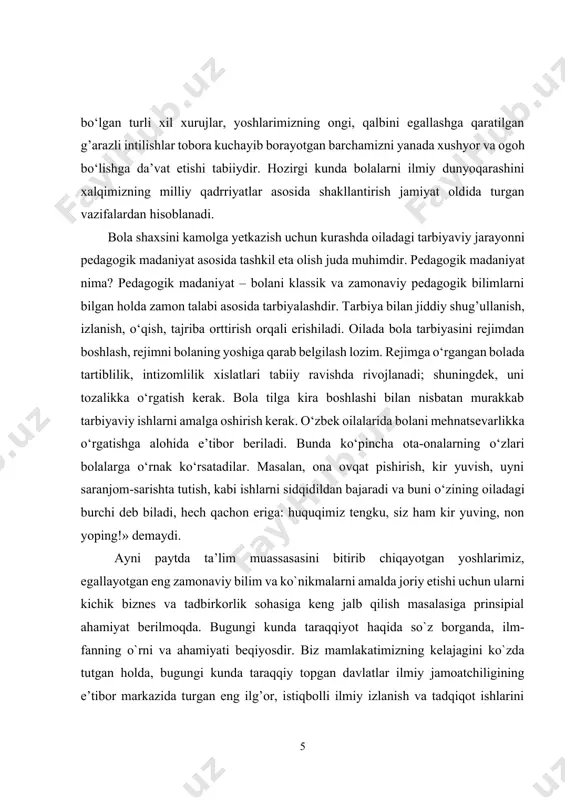 ejamkorlikdan foydalanish usullari bu mavzuni o‘rganishdan maqsad o‘quvchilarga shaxsning kamol topishida oilaning yetakchi ta’sirini oila tarbiyasining o‘ziga xos milliy xususiyatlari hamda tipik kamchiliklarini, bu kamchiliklarni bartaraf etish yo‘llarini, tarbiya samaradorligining oshirish omillarini tushuntirish, oila tarbiyasi, oiladagi tarbiya imkoniyati va pedagogik madaniyat haqida tushunchalar berish. o‘qituvchi mavzuni e’lon qilgach, taxtaga ikkita portretni, masalan, x.olimjon va bir noma’lum shaxsning portretlarini iladi va «kimlarning suratlarini ko‘rib turibsiz?» deb so‘raydi. o‘quvchilar x.olimjon nomini darhol aytadilar, ammo ikkinchi portretga qarab jim bo‘lib qoladilar. o‘qituvchi «bu o‘g‘ri, bezori n.ning surati», deydi va davom etadi: «x.olimjon sizga yaxshi tanish. u atigi o‘ttiz besh yil umr ko‘rgan. lekin shu qisqa umrida o‘zbek xalqi uchun ajoyib badiiy, ilmiy asarlar qoldirdiki, ularni biz bugungacha sevib o‘qiymiz. shoirning hayoti, ijodi bilan qiziqqan tadqiqotchilar avvalo uning qanday oilada tarbiyalanganiga, bolalik davriga e’tibor beradilar. o‘g‘ri, bezorining jinoiy ishlarini o‘rganadigan jinoyat qidiruv bo‘limi hodimlari ham uning qanday oilada voyaga yetganini, kimlarning ta’siriga berilganini aniqlaydilar. …
