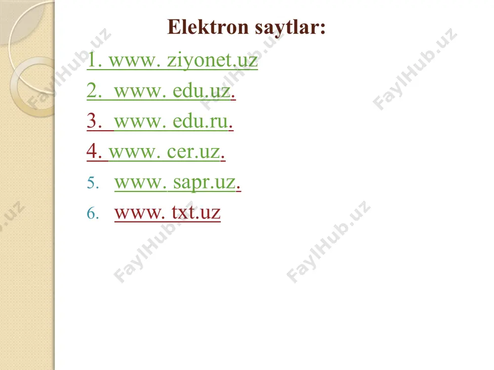 si, uning harakatchanlik darajasi belgilangan, mexanizmdagi barcha kinematik juftliklar faqat v toifaga oid bo`lganidagina aniqlash mumkin. ustunli v kinematik juftlik tarkibiga kirgan yetakchi bo`g’in birinchi toifa mexanizmini hosil qiladi. yetakchi mexanizmlar miqdori chebishyev formulasiga binoan hisoblab aniqlanadigan w yassi mexanizm erkinlik (harakatchanlik) darajasi bilan aniqlanadi: w= 3n - 2 p5 - p4 bu yerda n – mexanizm harakatchan bo`g’inlari soni; p5 va p4 – mos ravishda 5 va 4 toifa, ya’ni bo`g’inlarning nisbiy harakatiga ikki va bittadan bog’liqlik taqdim etadigan kinematik juftliklar soni. assur guruhlari harakatchanlik darajasi quyidagiga teng bo`ladi: w= 3n - 2 p5= 0 bu yerda n – mexanizm harakatchan bo`g’inlarining soni; p5 – 5 toifa kinematik juftliklar soni. e’tiboringiz uchun rahmat! /docprops/thumbnail.jpeg
