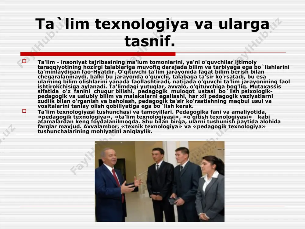 t yaratishdir. ta’lim jarayoni individuallashtiriladi. har bir o’quvchi o’z individual imkoniyatlariga yarasha mustaqil ish olib boradi. ta’lim mazmuni, bilim berish va uni uqib olish, malaka hamda ko’nikmalar hosil qilish jarayonlari dasturlashtiriladi. ta’limni dasturlashtirishda avvalo o’quvchilar mazkur temani o’rganish natijasida qanday bilim, malaka va ko’nikmalar hosil qilishlari kerakligini, mazkur tema materiallarini uqib olish uchun o’quvchilar ilgari olgan bilimlari hamda hosil qilgan malaka va ko’nikmalaridan qaysi biri bevosita mazkur fanni va aralash boshqa fanlarni o’rganish uchun zarur bo’lishini aniq belgilab olish nazarda tutiladi. pedagogikada ehmdan foydalanilgan holda ta’lim berish. att - avtomatlashgan ta’lim tizimi - o’quv-metodik, axborotli, matematik va pedagogik ta’minotning hisoblash texnikasi vositalari negizidagi o’zaro bog`liq tizimlardir. att ehm yordamida o’quv axborotlarini qabul qilish uchun qulay shaklda taqdim etish funkstiyalarini, o’quv faoliyatini turli metodlarini qo’llagan holda individual tarzda boshqarishni, bilimlarni nazorat qilishni, o’quv jarayoniga oid ma’lumotlarni to’plash va statistik ishlov berishni amalga oshirish mo’ljallangan. uning o’ziga xosligi - moslashuvchanligi, mustaqil o’quv …