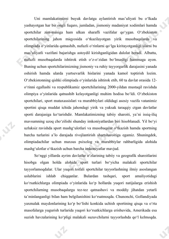 . bulardan tashqari, sport amaliyotidagi ko‘rsatkichlarga olimpiada o‘yinlarida ko‘p hollarda yuqori natijalarga erishish sportchilarning musobaqalarga tez-tez qatnashuvi va moddiy jihatdan yetarli ta’minlanganligi bilan ham belgilanishini ko‘rsatmoqda. chunonchi, gollandiyada yaxmalak maydonlarining ko‘p bo‘lishi konkida uchish sportining qisqa va o‘rta masofalarga yugurish turlarida yuqori ko‘rsatkichlarga erishuvida, amerikada esa suzish havzalarining ko‘pligi malakali suzuvchilarni tayyorlashda qo‘l kelmoqda. o‘zbekistonning surxondaryo, qashqadaryo, xorazm va samarqand viloyatlarida milliy kurashning rivojlanganligi (ijtimoiy, tabiiy sharoitning kurash sportini rivojlantirishga mos kelishi) kelgusida sambo va kurashning boshqa turlari bo‘yicha olimpiadachilarni tayyorlash imkonini beradi. qayerda sport uchun qulay sharoit mavjud bo‘lsa, yoshlar bilan jismoniy mashqlar uzluksiz va yuqori darajada o‘tkazilsa, qaysi sport turlari bo‘yicha to‘garaklar ishlasa, ularga tajribali fidoyi murabbiylar jalb etilsa, o‘sha joylarda muvaffaqiyatlar ko‘p bo‘ladi. ular orasidan, albatta, olimpiada qatnashchilari yetishib chiqadi. hozirgi paytda o‘zbekistonda yuqori malakali sportchilarni tayyorlash uchun barcha shart-sharoit va imkoniyatlar yaratilmoqda. yoshlar o‘rtasida sportning barcha turlariga qiziquvchilar soni kun sayin ortib bormoqda. sport kishilarni har …