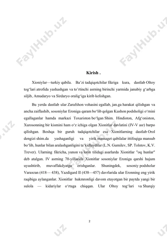 ga chiqadi va vi asrning 60-yillarigacha markaziy osiyodagi eng yirik davlatga aylanadi. kidariylar, xioniylar va eftalitlar davlati. feodal munosabatlarning shakllanishi. milodiy iv-vi asrlar markaziy osiyo tarixi ko'chmanchi qabilalarning kirib kelishi, qabilalar ittifoqi yuzaga kelishi-yangi siyosiy kuchlarning paydo bo'lishi bilan izohlanadi. kidariylar xususidagi asosiy ma'lumotlar xitoyning benshi solnomasida hamda g'arb muallif-tarixchilardan biri priisk paniyskiy ma'lumotlarida uchraydi. yuyechjilar xukmdori sidolo shidar jujanlar hujumi tufayli pologa ko'chirgan. keyinchalik kidar shimoliy hindistonga yurish qilib gandhardan shimoldagi 5 ta davlatni o'ziga bo'ysundiradi. kidar shopur ii ning zamondoshi bo'lib avval boshda kushonlar xokimiyatining davomchisi sifatida ularga bo'ysunib kelgan xioniylar yordamida baqtriyada ularning xokimiyatiga chek qo'ygan. xioniylar yordamida eron sosoniylar baqtriyani qaytarib o'z qo'llariga tobelikka olishgan. xioniylar qadimgi turkiy xunnu qabilalariga ularni «oq xunn» deb ataganlar. xitoy manbaalarida eftalitlarni «ida yeda, idam, idyan» deb, suriya va lotin manbalarida esa «eptalit, eftalit, adbal» deb yuritiladi. tarixchi pronolit eftalitlarni xunlardan deb ko'rsatar ekan, «ular xunlardandir, tanalari esa oq» deb …