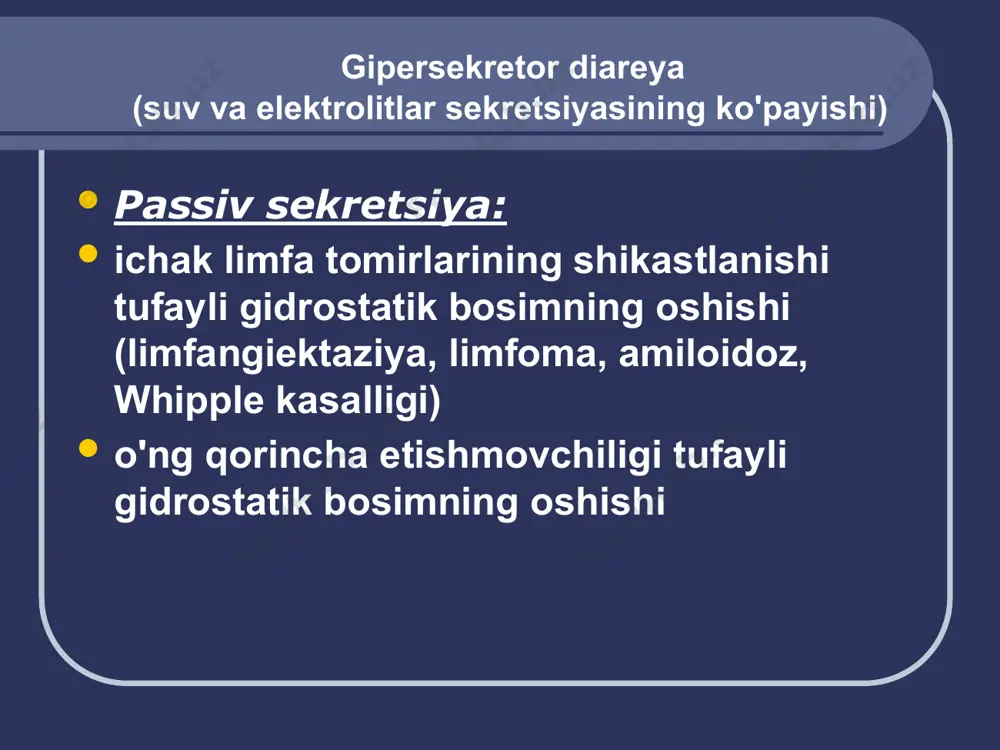 tezligi : skleroderma (bakterial kontaminatsiya sindromi bilan birgalikda) ko'richak sindromi gipereksudativ diareya (ichak bo'shlig'iga suv va elektrolitlarning oqishi) yallig'lanishli ichak kasalliklari (kron kasalligi, yarali kolit) patogenning sitotoksik ta'siri bo'lgan ichak infektsiyalari (dizenteriya, salmonellyoz) ingichka va katta ichakning ishemik kasalligi proteinni yo'qotadigan enteropatiyalar sababli sabablar bakteriyalar: salmonellalar, shigella, yersiniya, stafilokokklar, coli, klostridiya, kampilobakter protozoa: dizenterik amyoba, lambliya, kriptosporidium, izosporidium viruslar: rotaviruslar, adenoviruslar, astroviruslar, kalisiviruslar, norfolk va breda viruslari, oddiy herpes, sitomegalovirus, gepatit a virusi gastrit belgilari ko'ngil aynishi kusish epigastral mintaqada og'riq va sezgirlik hiqichoq enterit belgilari meteorizm umbilikal sohada og'riq va sezgirlik tez-tez, ko'p, suvli axlat najasda hazm bo'lmagan oziq-ovqat qoldiqlari kolit belgilari tez-tez, kam miqdordagi axlat najasdagi shilliq, qon, yiring aralashmasi katta ichakning turli qismlarida og'riq tenesmus (distal kolit) soxta istaklar "to'g'ri ichak tupurish" belgisi - distal kolit sigmasimon ichakning spazmlari va nozikligi (distal kolit) yuqumli-toksik sindrom belgilari bilan gastroenterit salmonellyoz dizenteriya (gastroenterokoli). tic variant) oziq-ovqat bilan bog'liq kasalliklar …