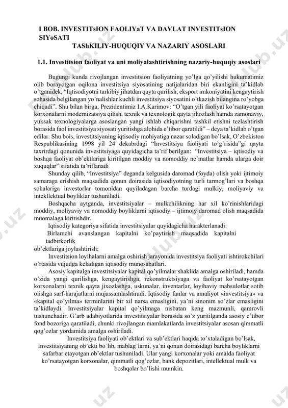 ayotgan korxonalar, qimmatli qog’ozlar, bank depozitlari, intellektual mulk va boshqalar bo’lishi mumkin. o’zbekiston respublikasining “investitsiya faoliyati to’g’risida”gi qonunida (6 – modda) investitsiya faoliyati ob’ektlariga quyidagi ta’rif berilgan: “moddiy va nomoddiy ne’matlar ishlab chiqarish ob’ektlari investitsiya faoliyatining ob’ektlaridir”. investitsiya sub’ekti bo’lib, investitsiya faoliyatini amalga oshiruvchi yuridik va jismoniy shaxslar tushuniladi. ular: xorijiy davlatlar, halqaro moliya institutlari, mahalliy davlat hokimiyati organlari, davlat boshqaruv organlari, turli mulkchilik shaklidagi korxona va tashkilotlar, mulk egasi bo’lgan fuqarolar, shu jumladan chet el fuqarolari, fuqaroligi bo’lmagan shaxslar bo’lishi mumkin. investorlar qonun xujjatlariga muvofiq buyurtmachi (mablag’ kirituvchi), kreditor, sotib oluvchi bo’lishlari, shuningdek, investitsiya faoliyati ishtirokchisi vazifasini bajaruvchi bo’lishlari mumkin. investitsiya faoliyatini amalga oshiruvchilar quyidagi belgilari bo’yicha tasniflanadi: 1. joriy faoliyatning yo’nalishlari bo’yicha institutsional va individual investorlar. institutsional investorlar rolida sanoat, savdo, transport, aloqa va boshqa sohalardagi aktsioner jamiyatlar namoyon bo’lsalar, individual investorlar rolida fuqarolar namoyon bo’ladi. 2. investitsiyalash maqsadlari bo’yicha strategik va bevosita investorlar o’z oldiga kompaniyalarni boshqarish …